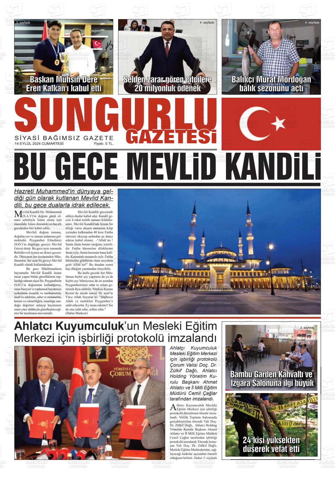 14 Eylül 2024 Sungurlu Gazete Manşeti