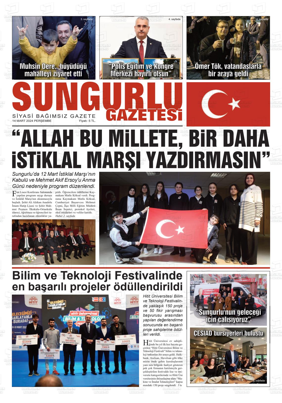 14 Mart 2024 Sungurlu Gazete Manşeti