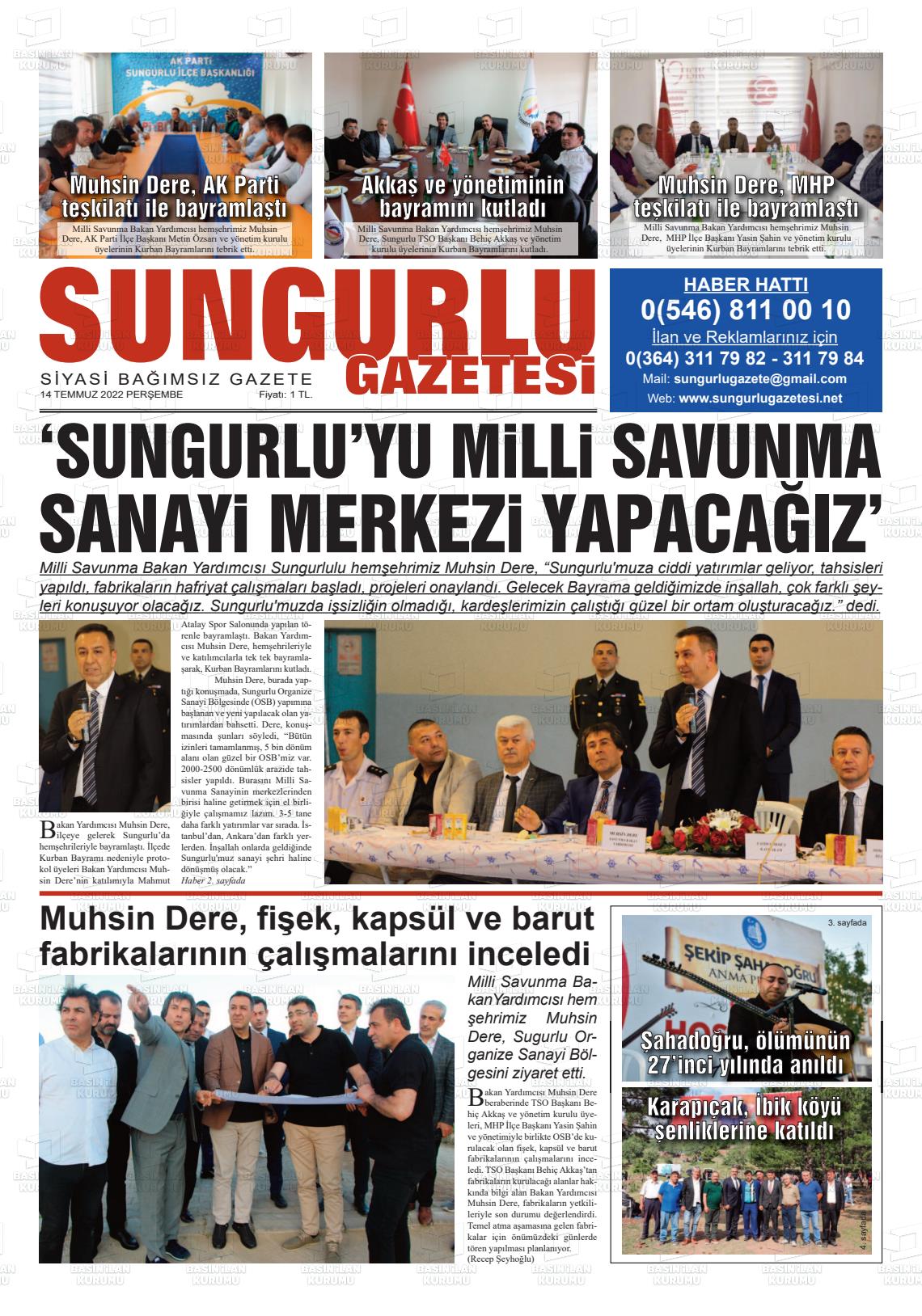 14 Temmuz 2022 Sungurlu Gazete Manşeti