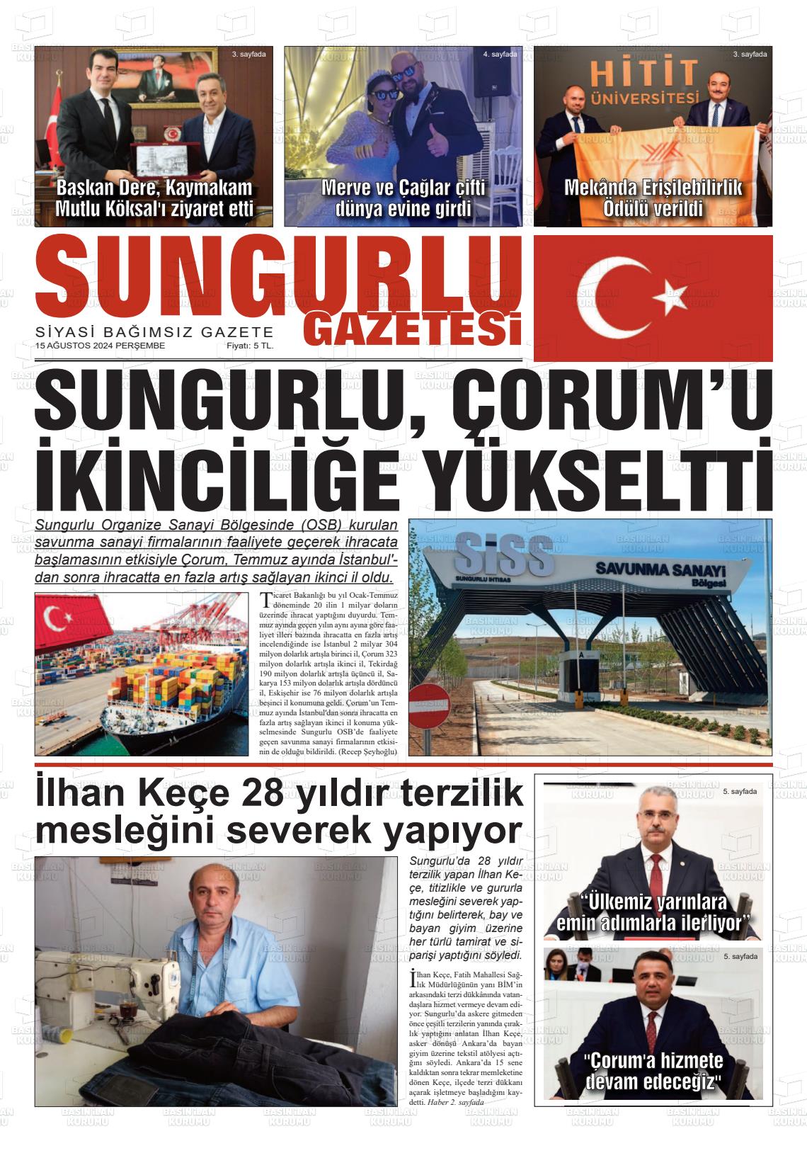 15 Ağustos 2024 Sungurlu Gazete Manşeti