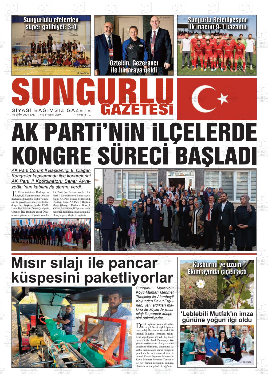 15 Ekim 2024 Sungurlu Gazete Manşeti