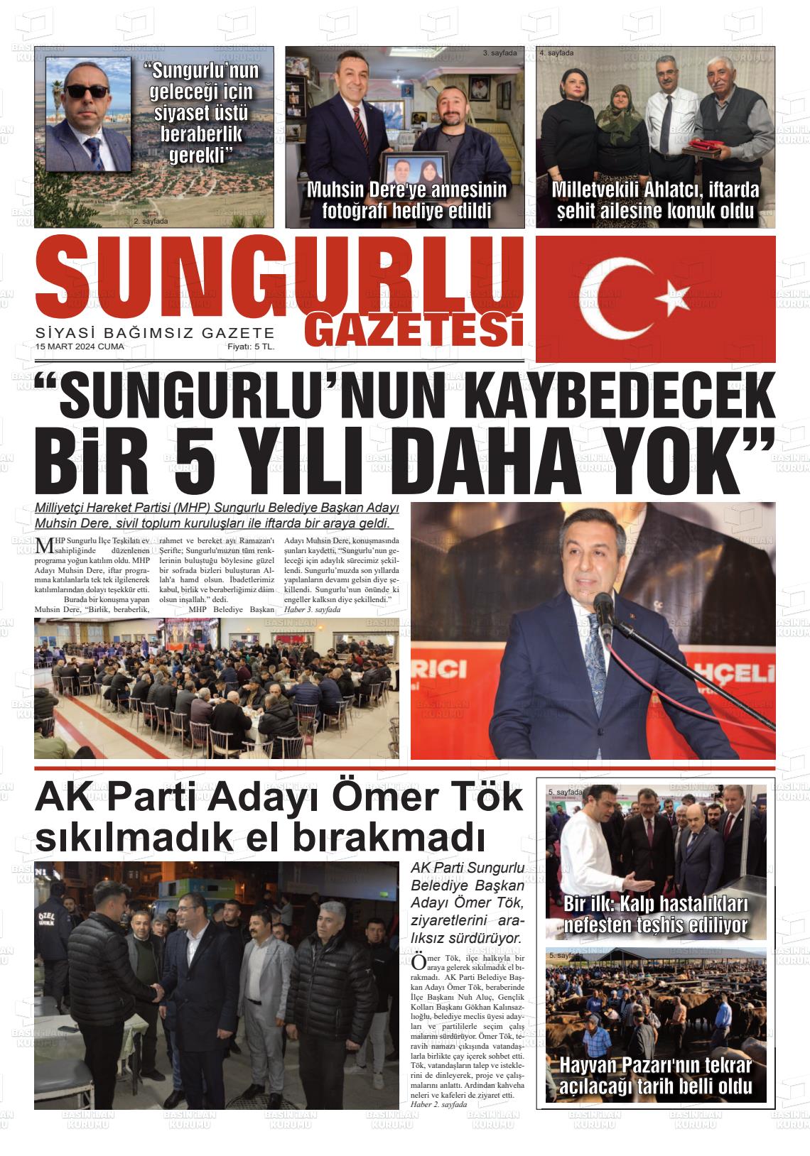 15 Mart 2024 Sungurlu Gazete Manşeti