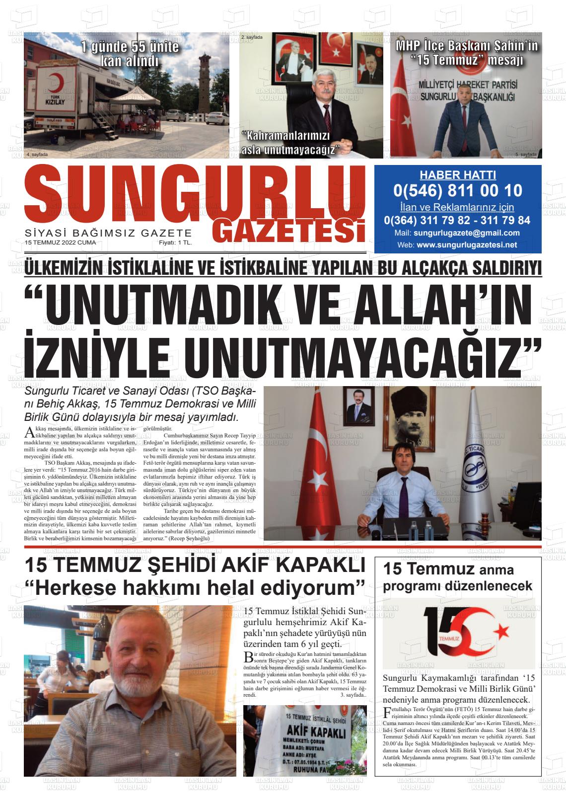 15 Temmuz 2022 Sungurlu Gazete Manşeti