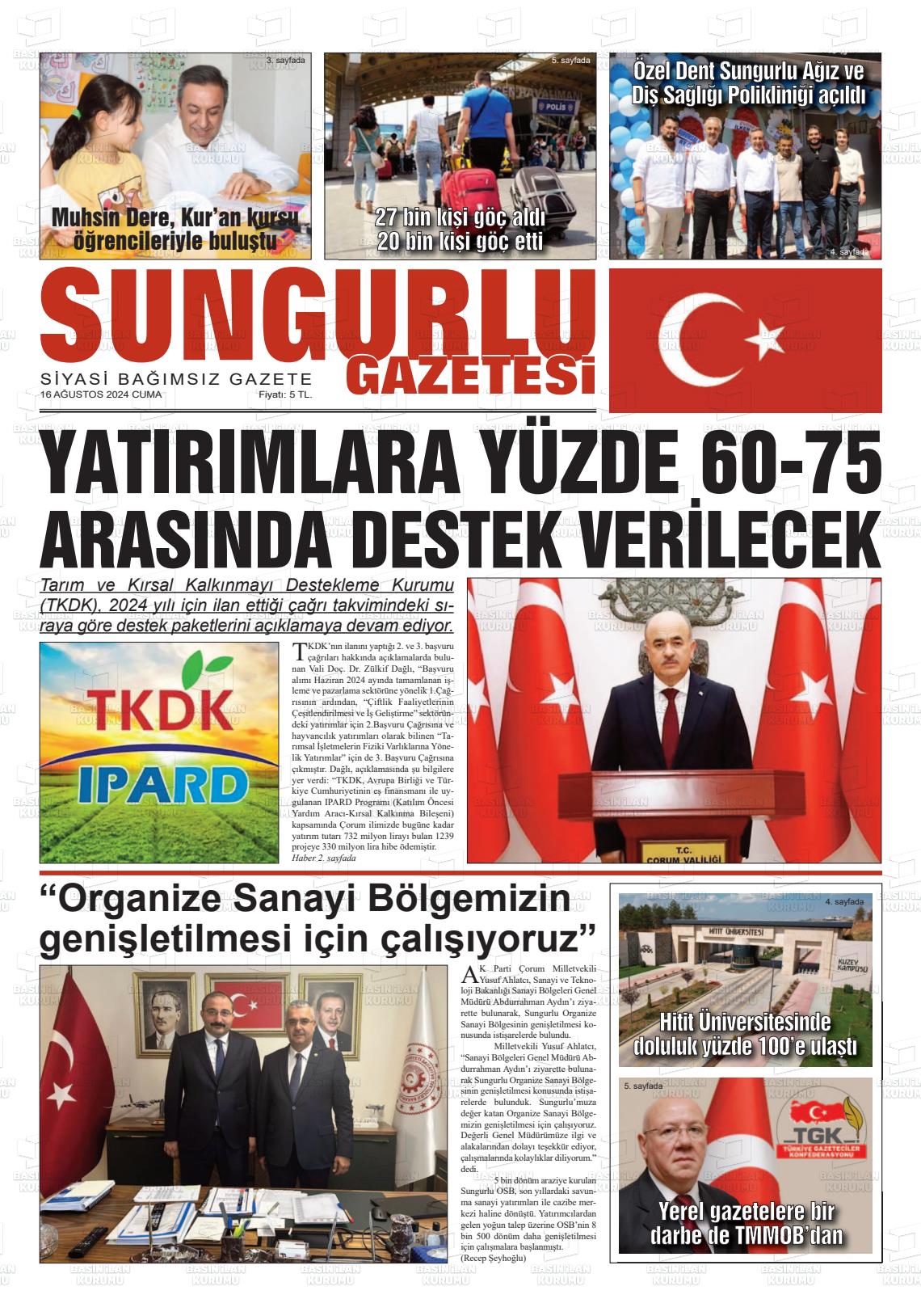 16 Ağustos 2024 Sungurlu Gazete Manşeti