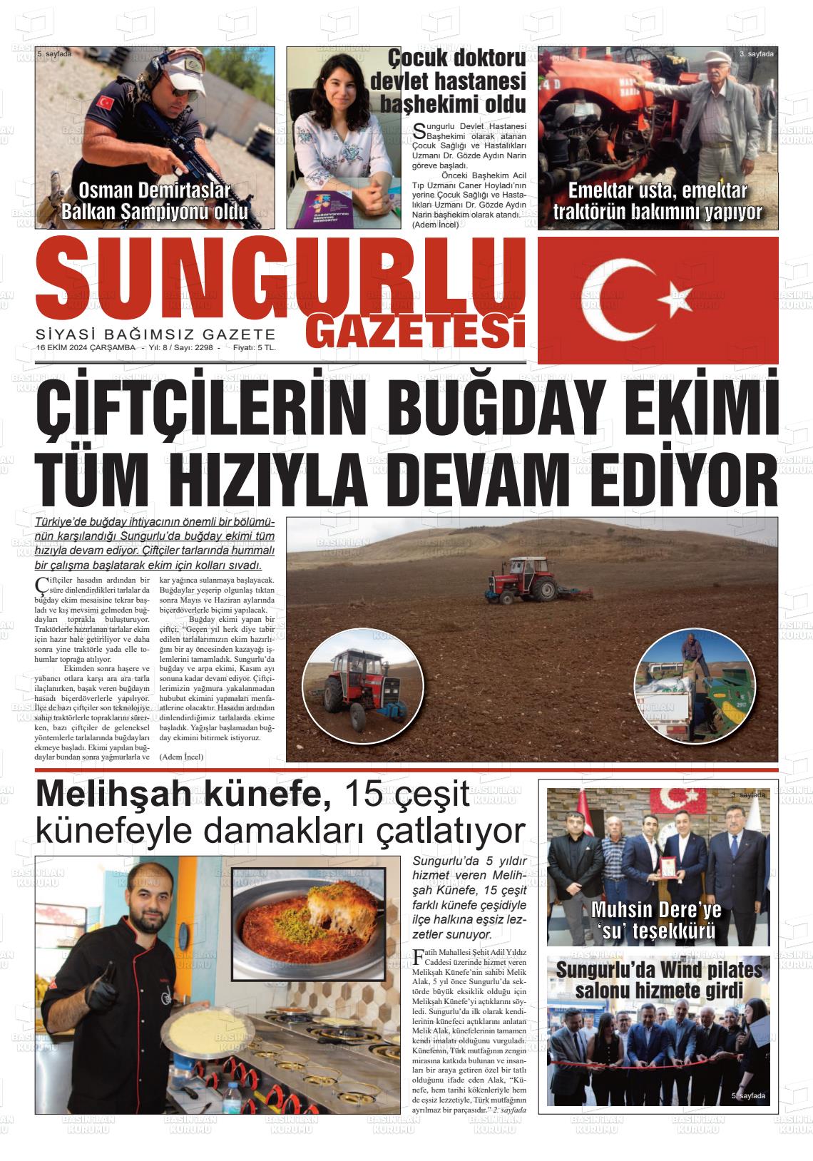 16 Ekim 2024 Sungurlu Gazete Manşeti