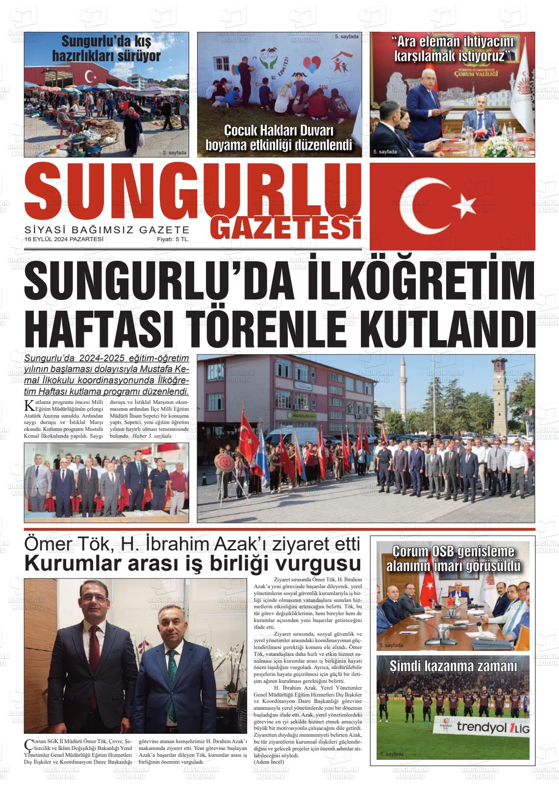 16 Eylül 2024 Sungurlu Gazete Manşeti