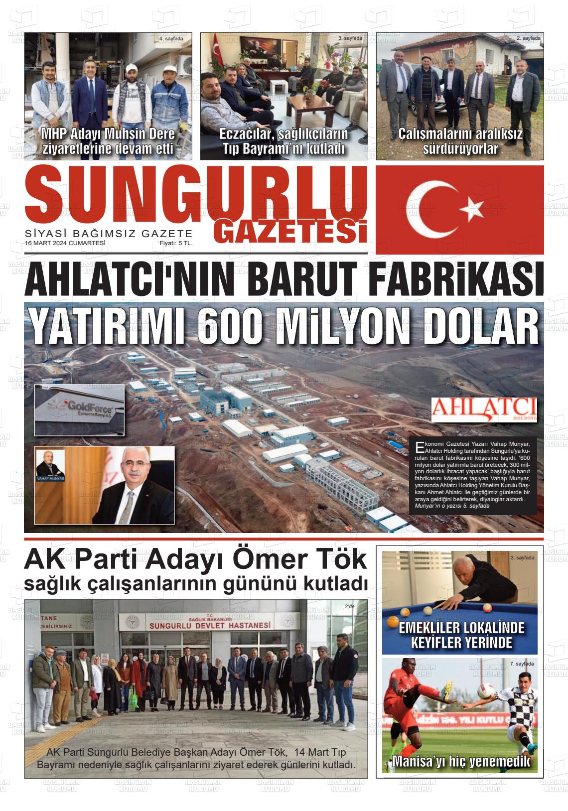 16 Mart 2024 Sungurlu Gazete Manşeti