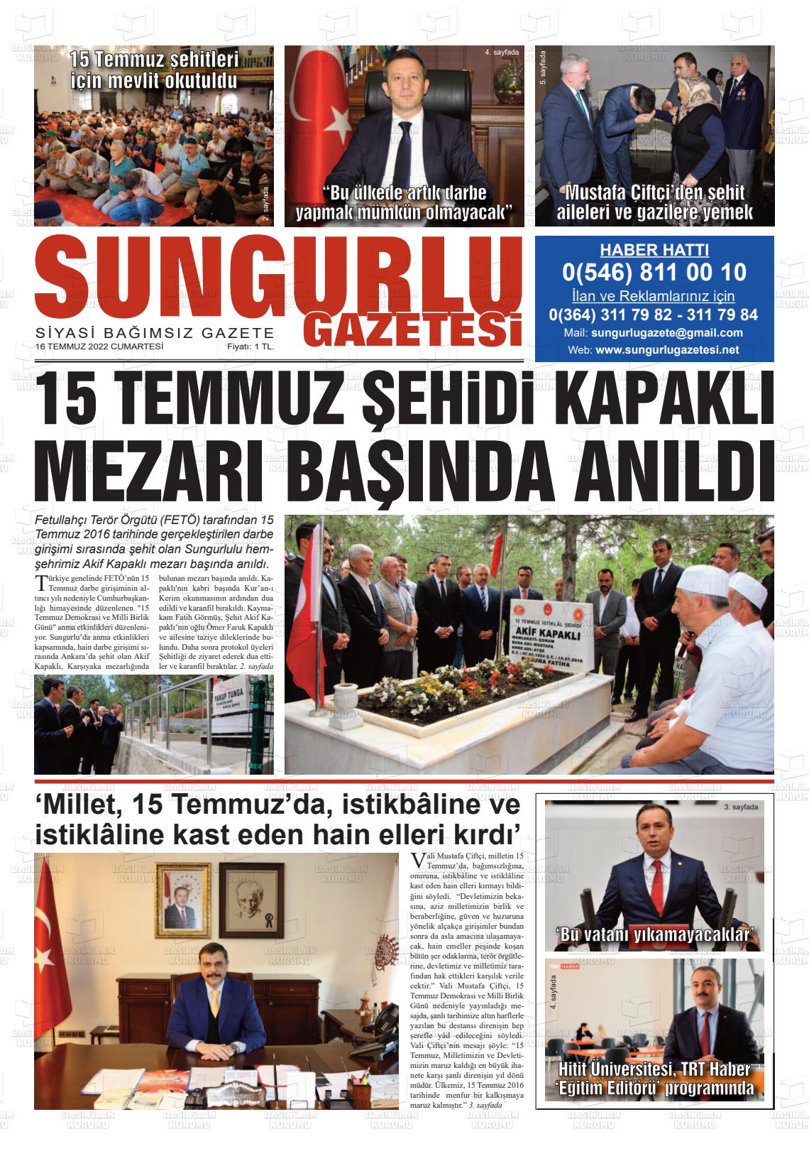 16 Temmuz 2022 Sungurlu Gazete Manşeti