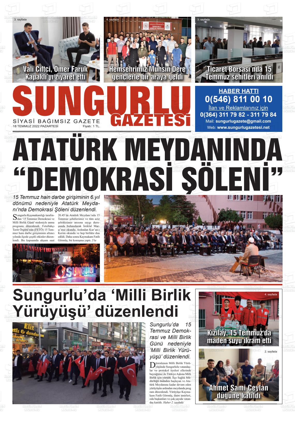 18 Temmuz 2022 Sungurlu Gazete Manşeti