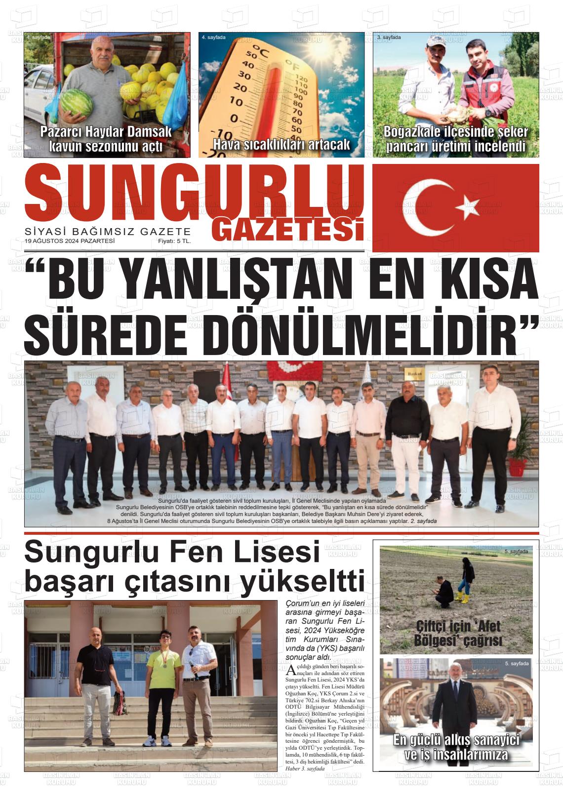 19 Ağustos 2024 Sungurlu Gazete Manşeti