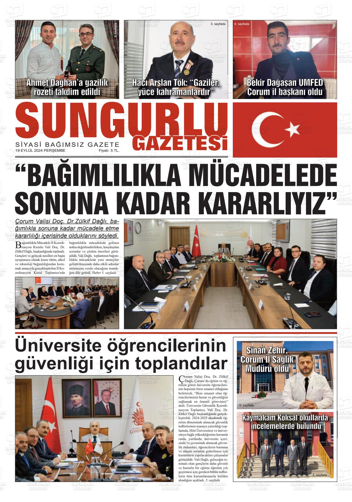 19 Eylül 2024 Sungurlu Gazete Manşeti