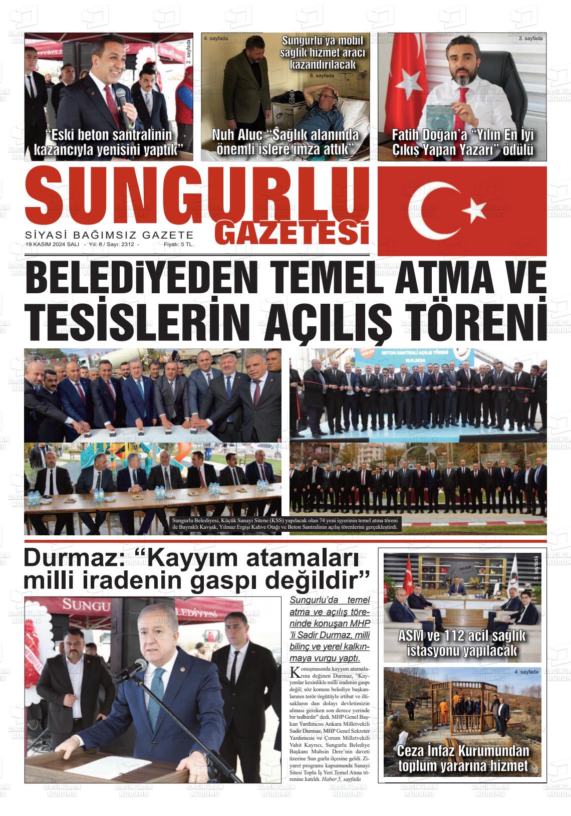 19 Kasım 2024 Sungurlu Gazete Manşeti