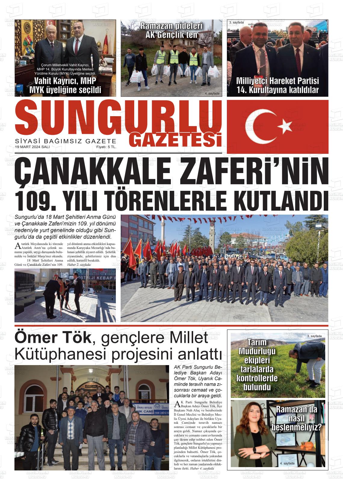 19 Mart 2024 Sungurlu Gazete Manşeti