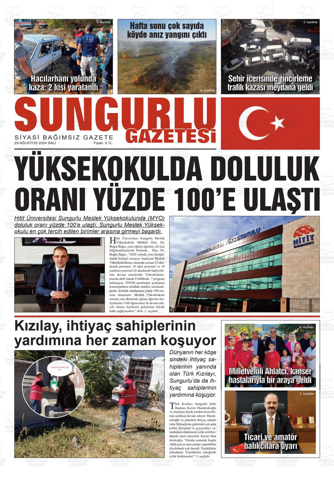 20 Ağustos 2024 Sungurlu Gazete Manşeti