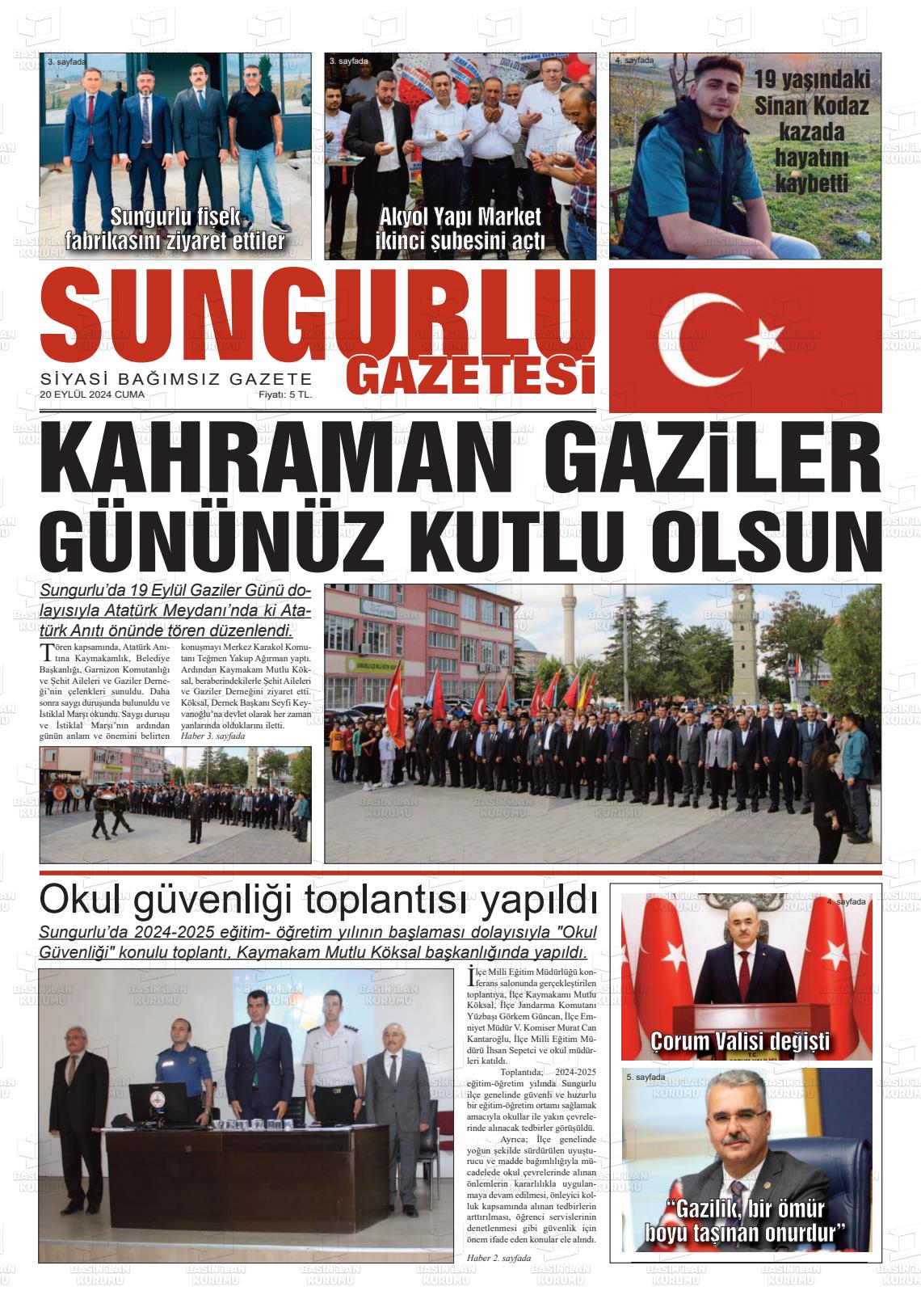 20 Eylül 2024 Sungurlu Gazete Manşeti