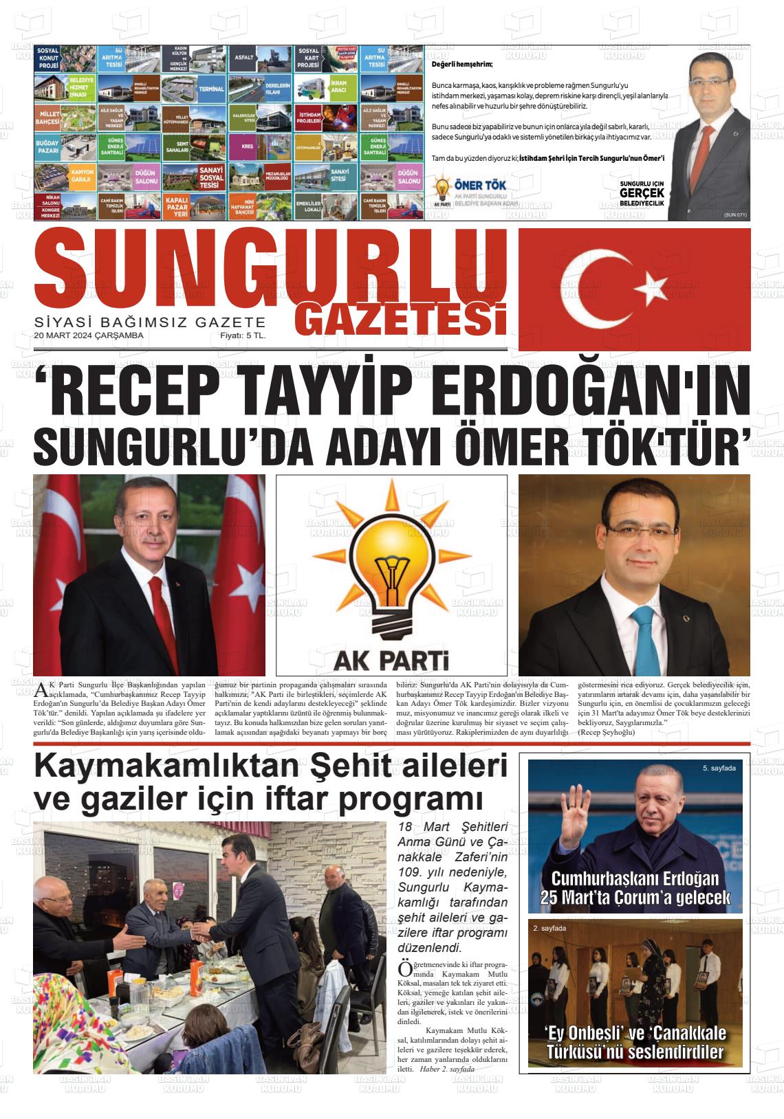 20 Mart 2024 Sungurlu Gazete Manşeti