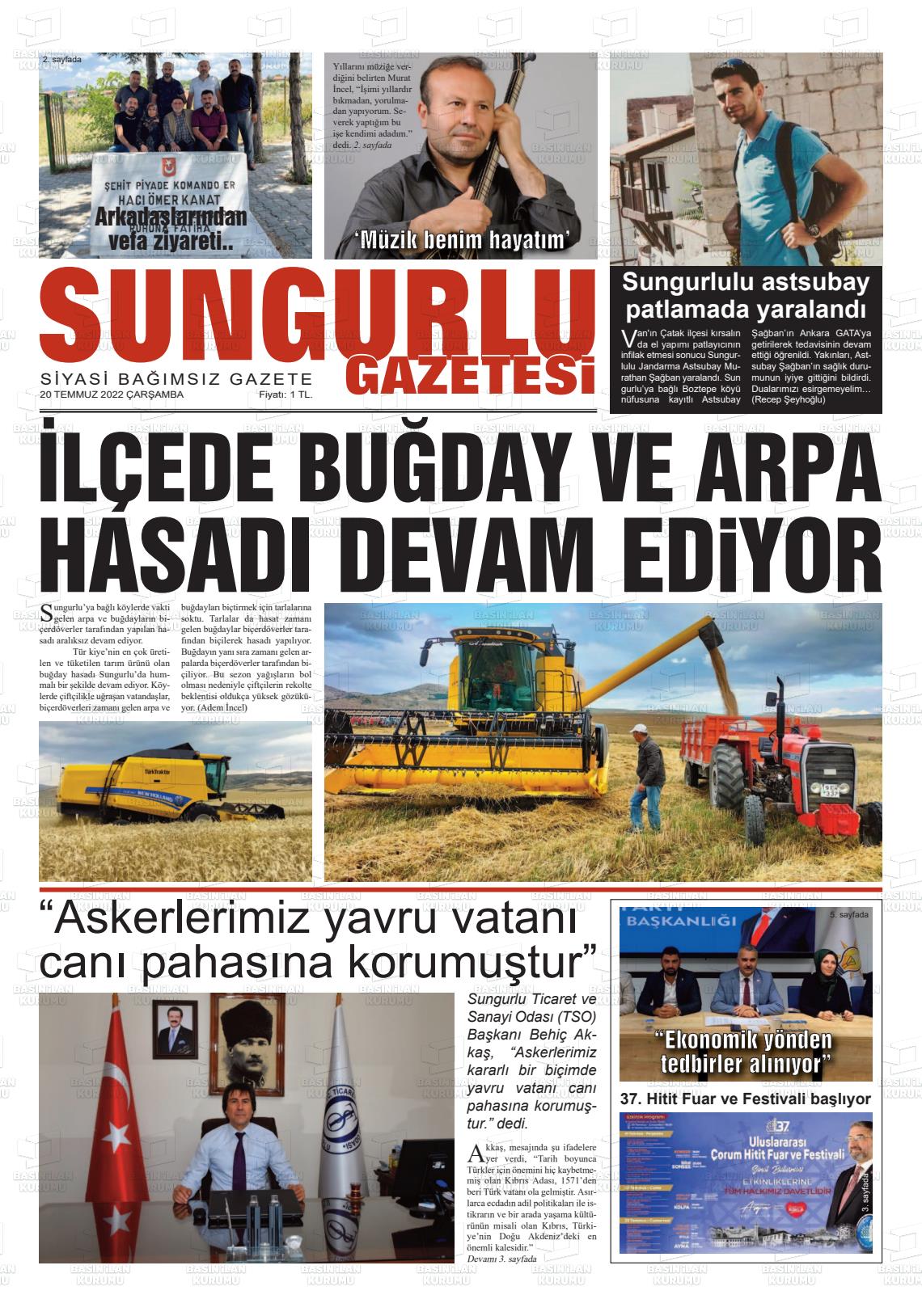 20 Temmuz 2022 Sungurlu Gazete Manşeti