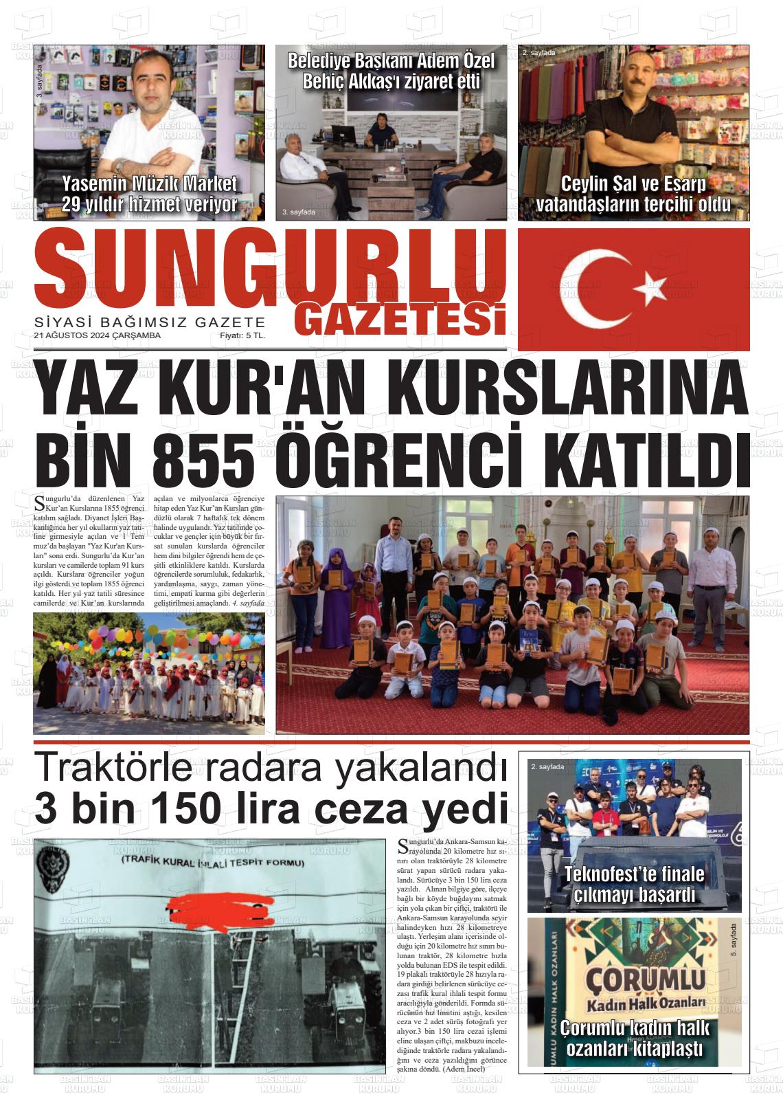 21 Ağustos 2024 Sungurlu Gazete Manşeti