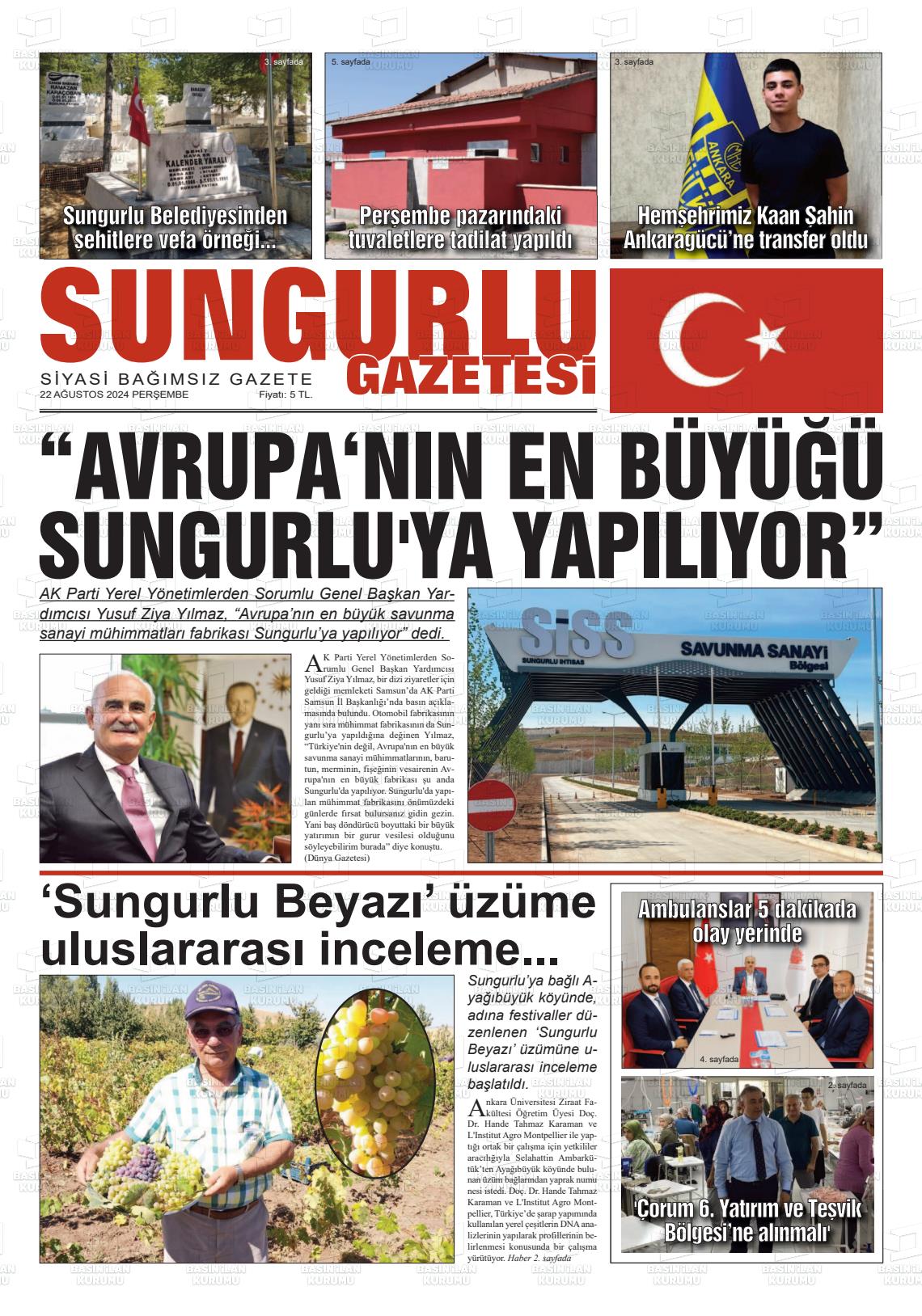 22 Ağustos 2024 Sungurlu Gazete Manşeti