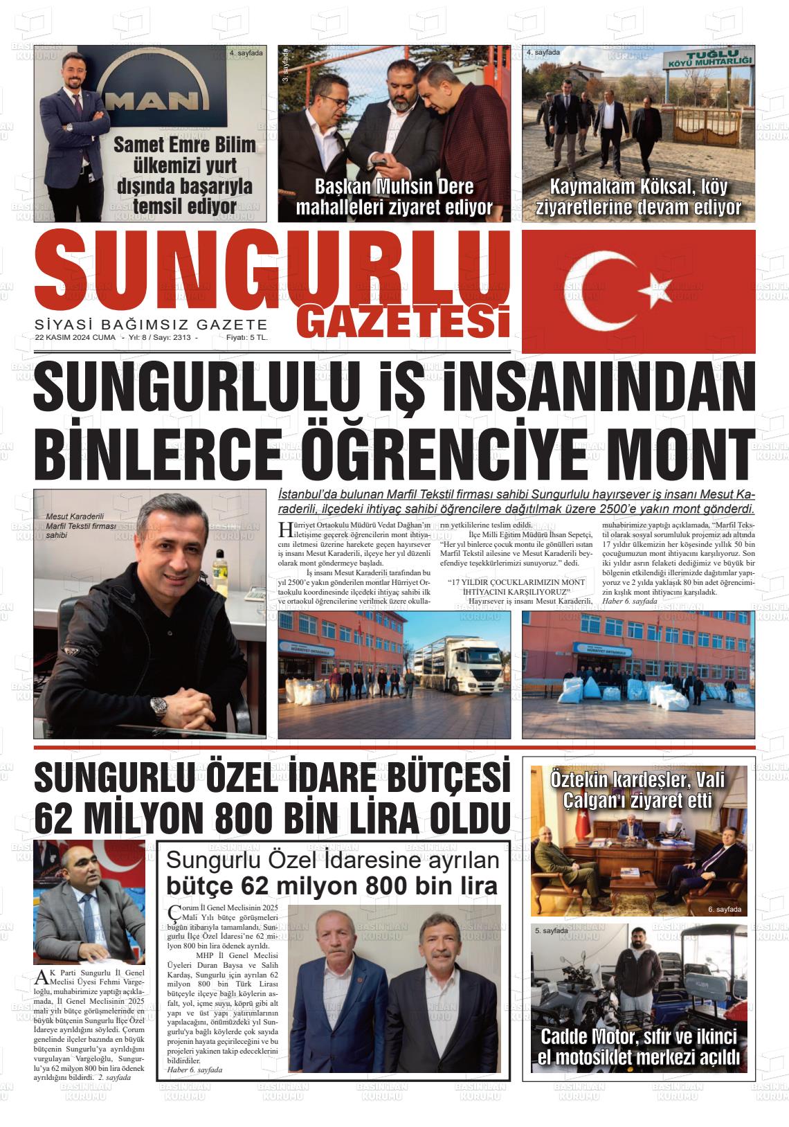 22 Kasım 2024 Sungurlu Gazete Manşeti