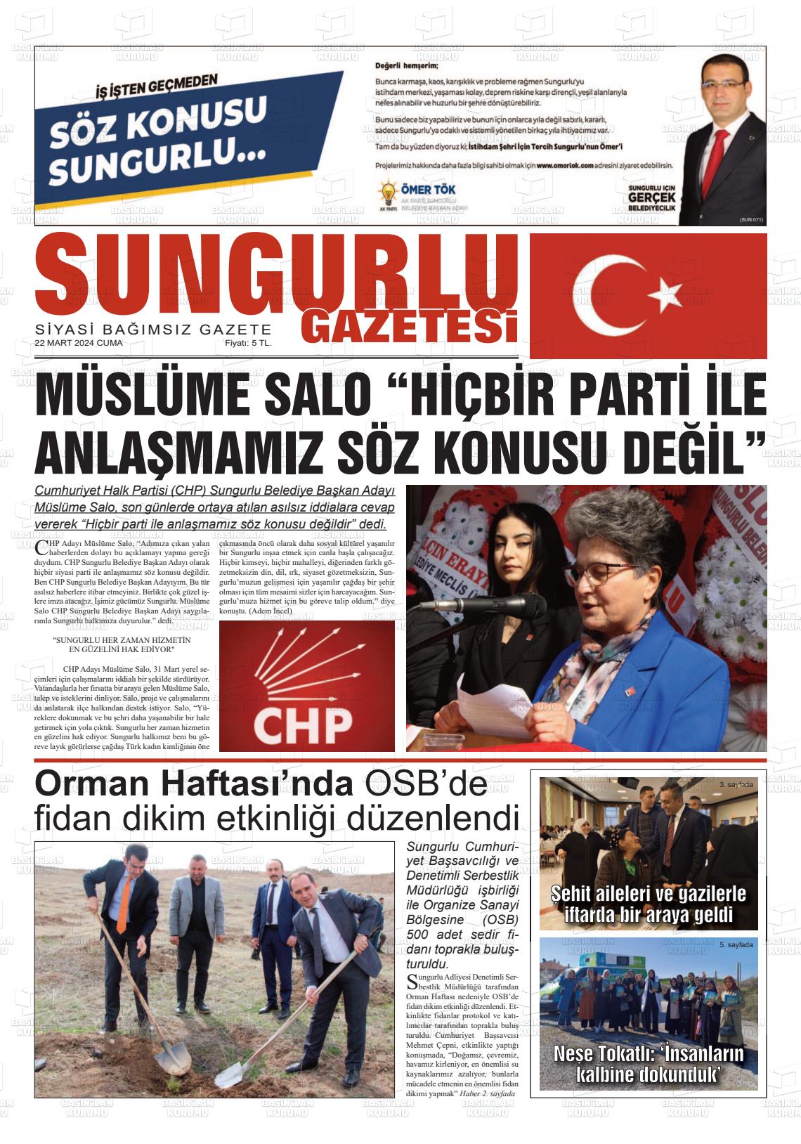 22 Mart 2024 Sungurlu Gazete Manşeti