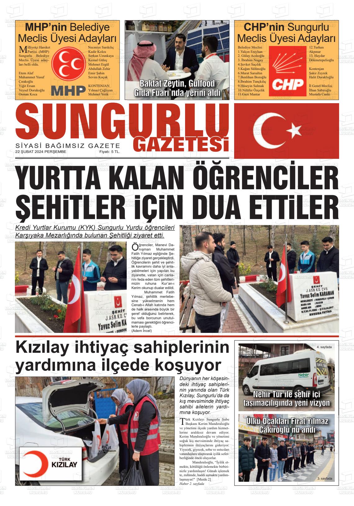 22 Şubat 2024 Sungurlu Gazete Manşeti