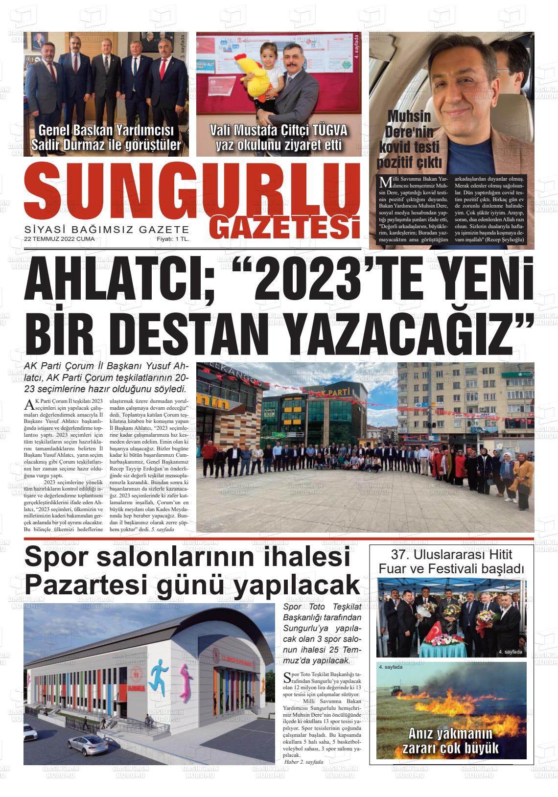 22 Temmuz 2022 Sungurlu Gazete Manşeti