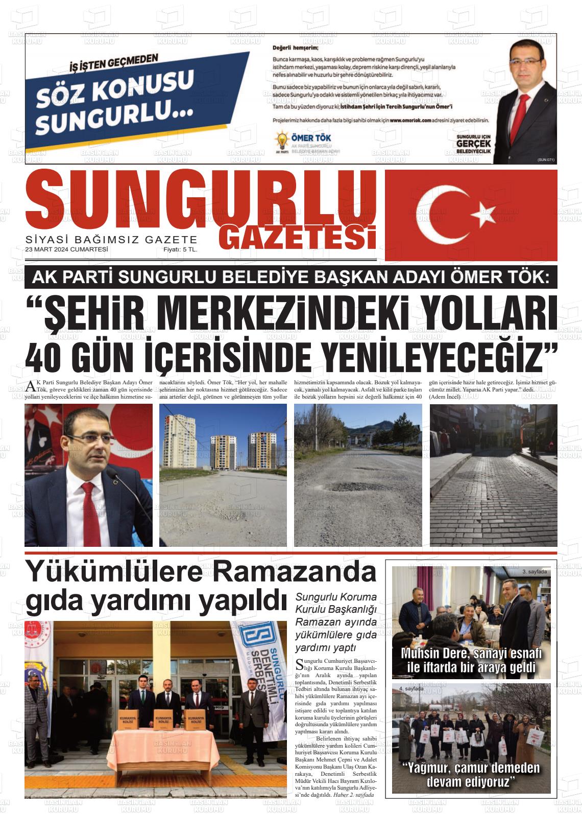 23 Mart 2024 Sungurlu Gazete Manşeti