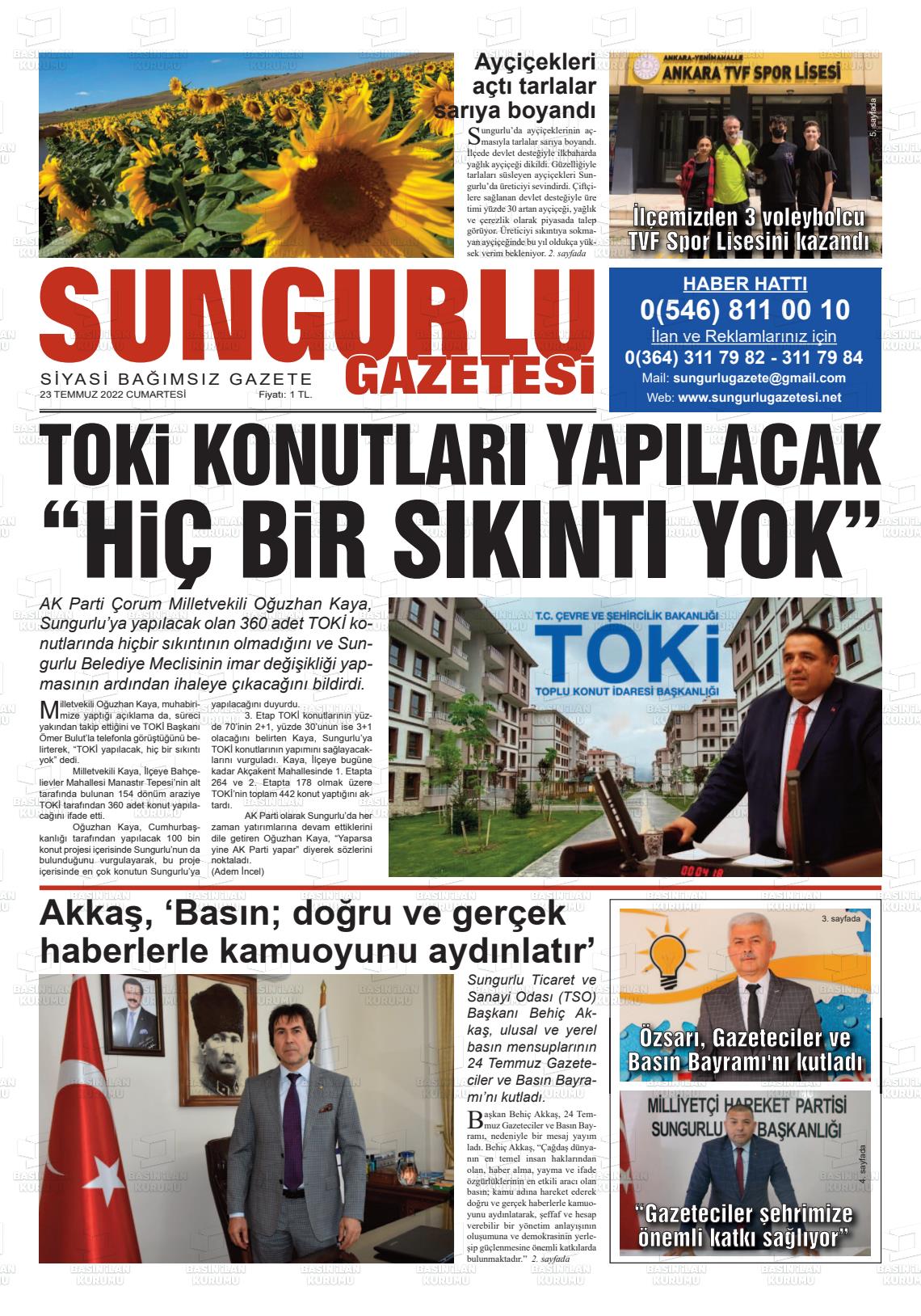 23 Temmuz 2022 Sungurlu Gazete Manşeti