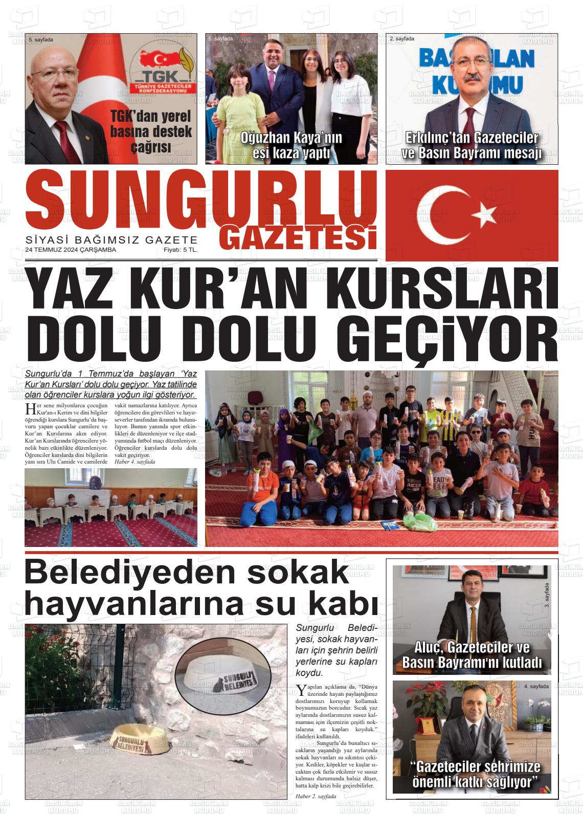 24 Temmuz 2024 Sungurlu Gazete Manşeti