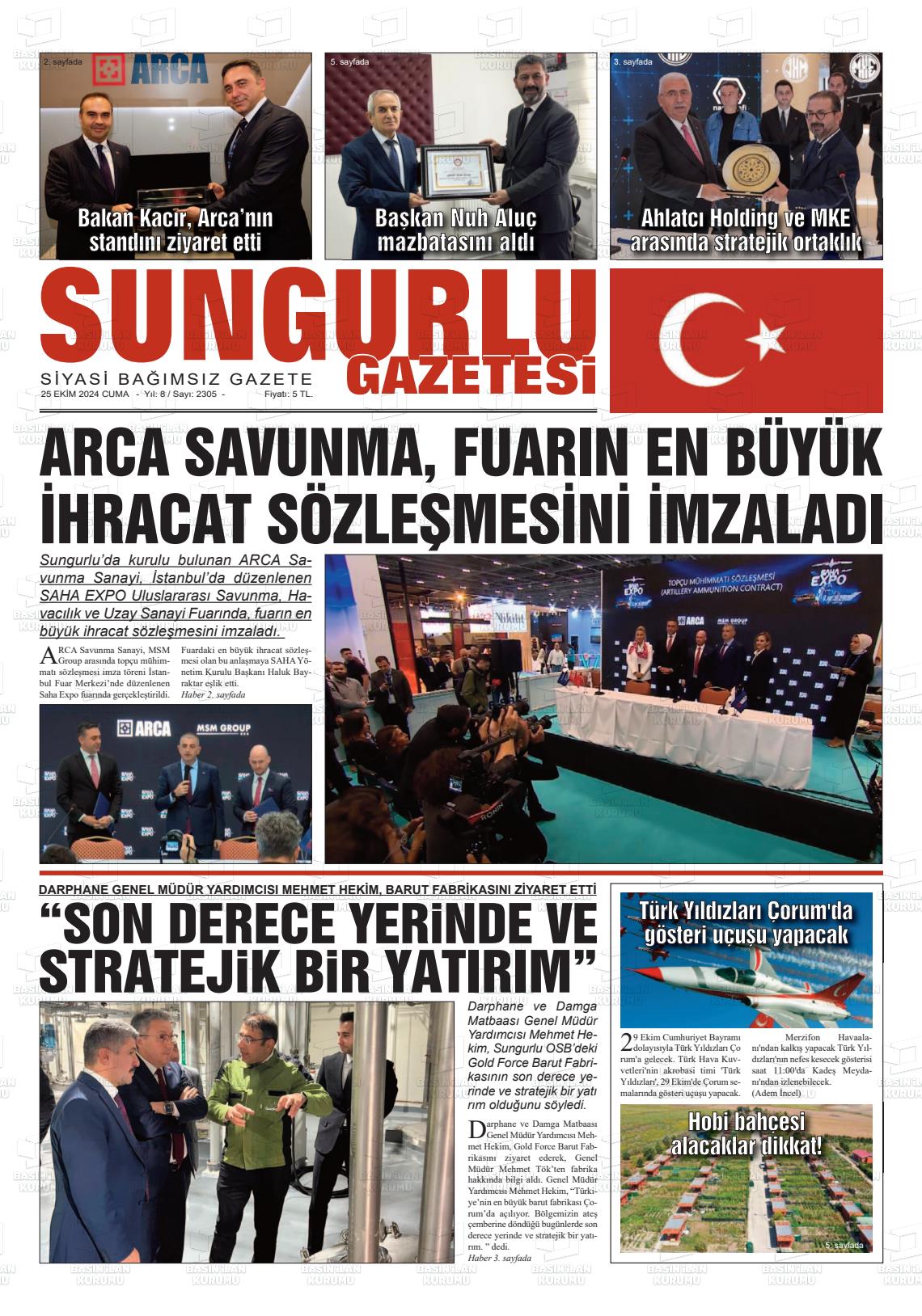 25 Ekim 2024 Sungurlu Gazete Manşeti