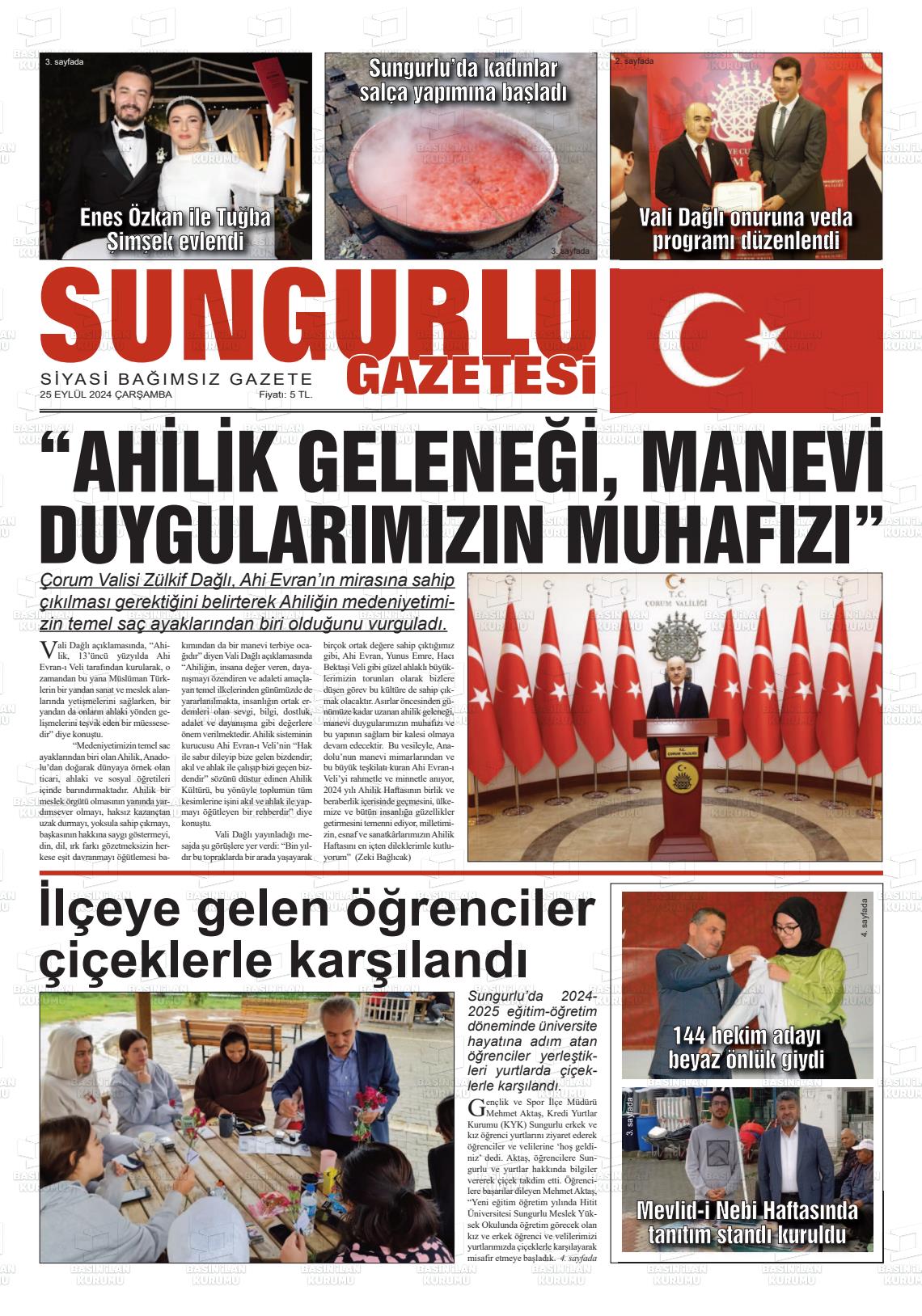 25 Eylül 2024 Sungurlu Gazete Manşeti