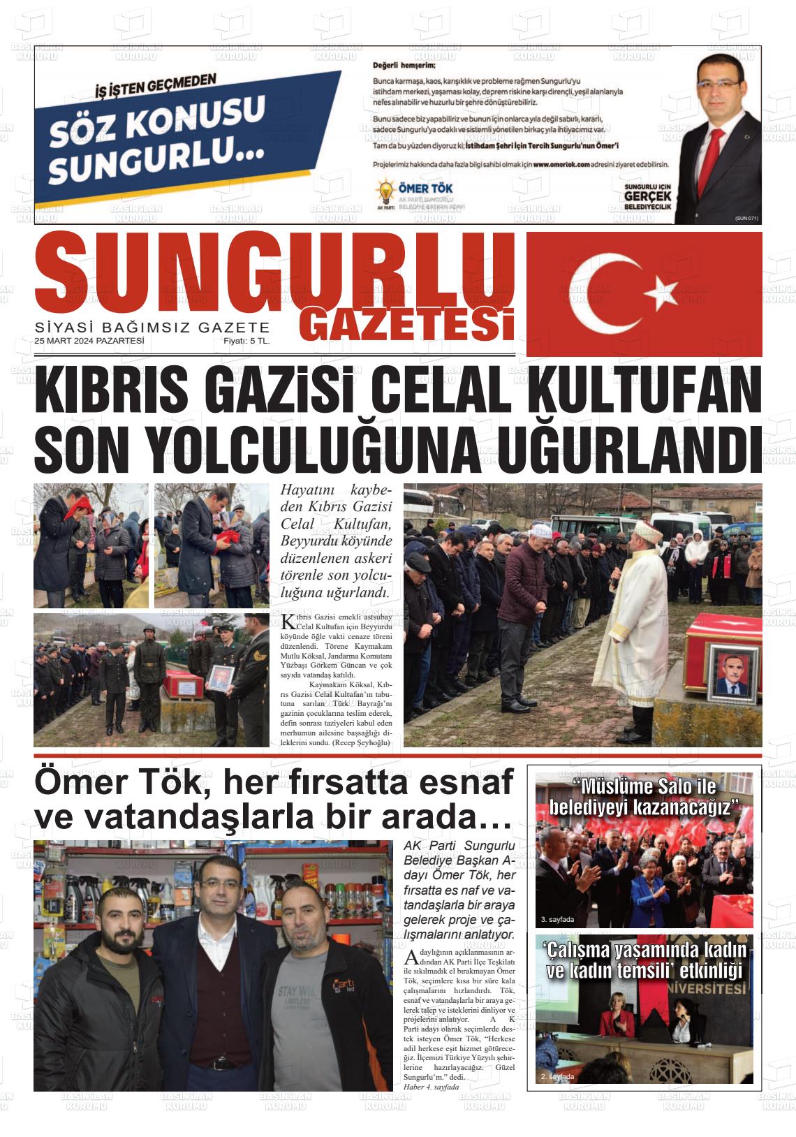 25 Mart 2024 Sungurlu Gazete Manşeti