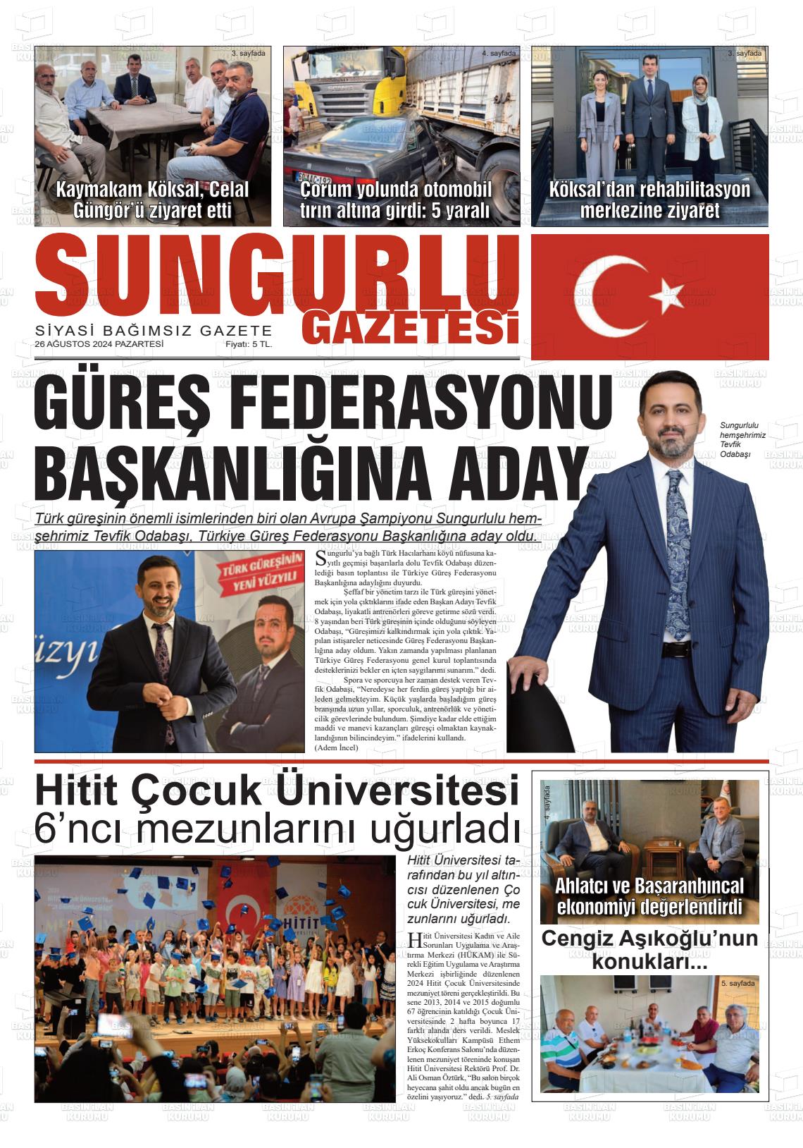 26 Ağustos 2024 Sungurlu Gazete Manşeti