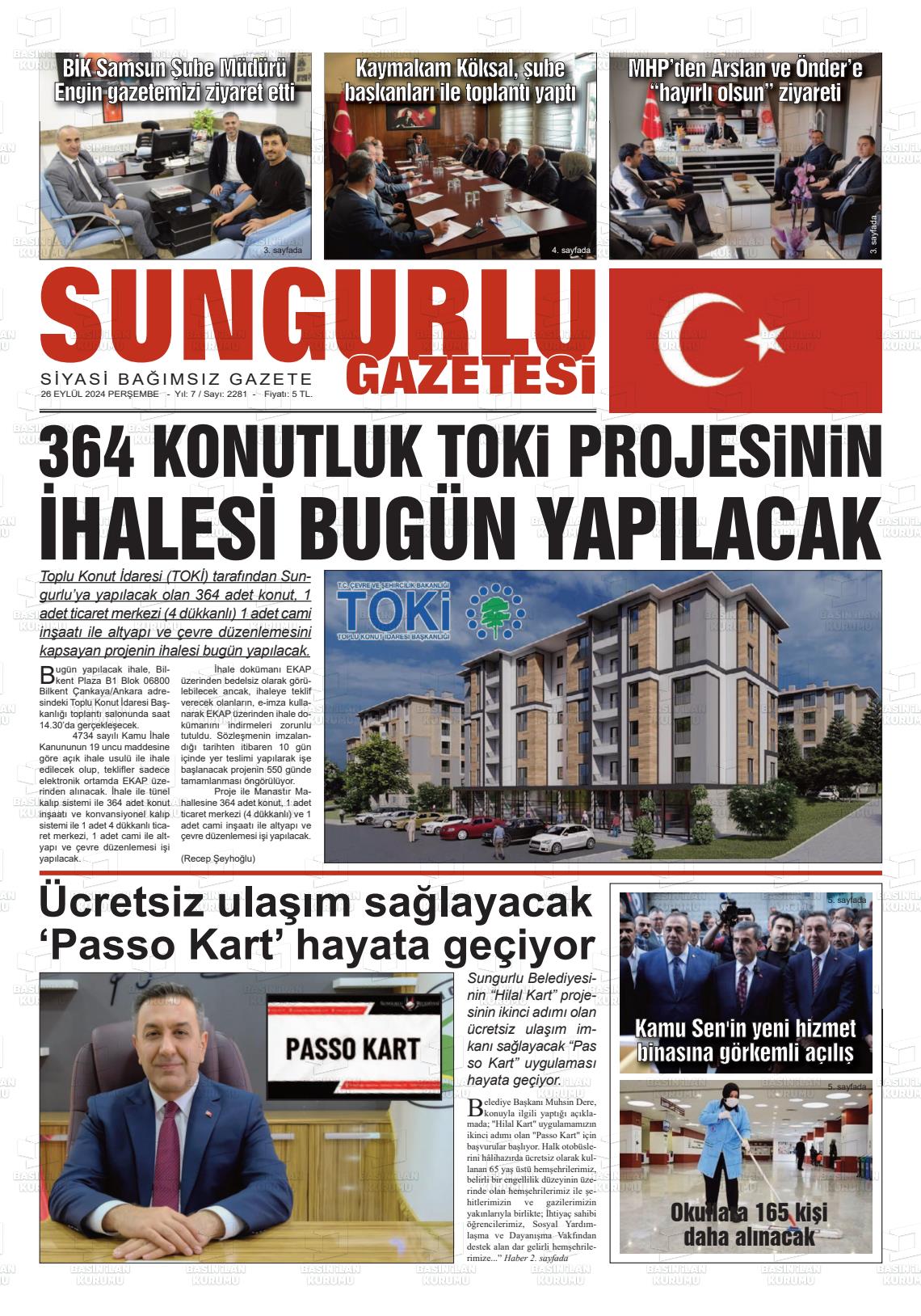 26 Eylül 2024 Sungurlu Gazete Manşeti