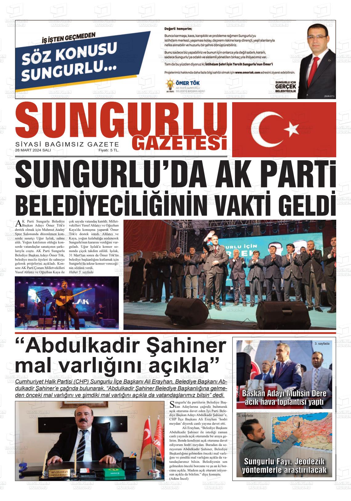 26 Mart 2024 Sungurlu Gazete Manşeti