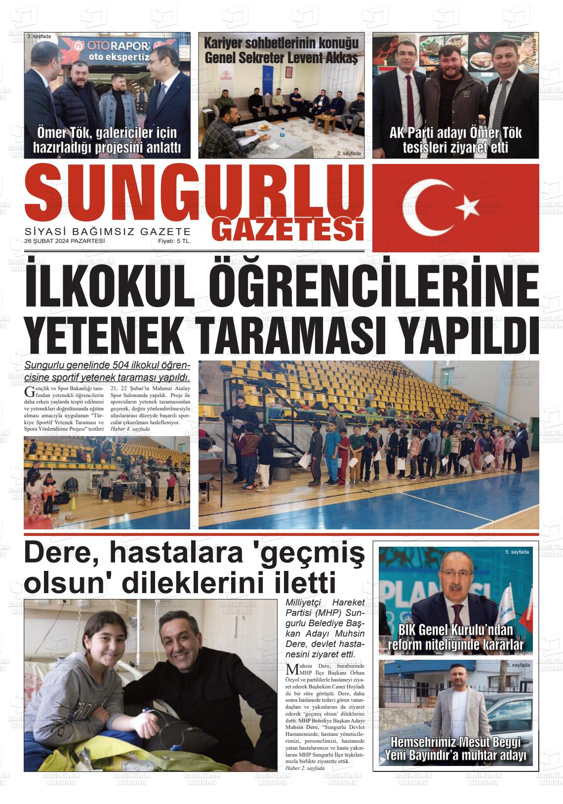 26 Şubat 2024 Sungurlu Gazete Manşeti