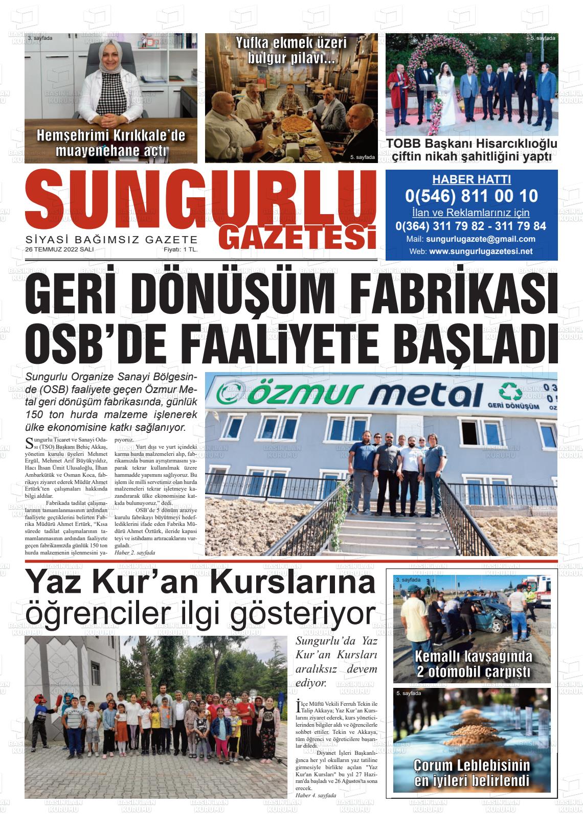 26 Temmuz 2022 Sungurlu Gazete Manşeti