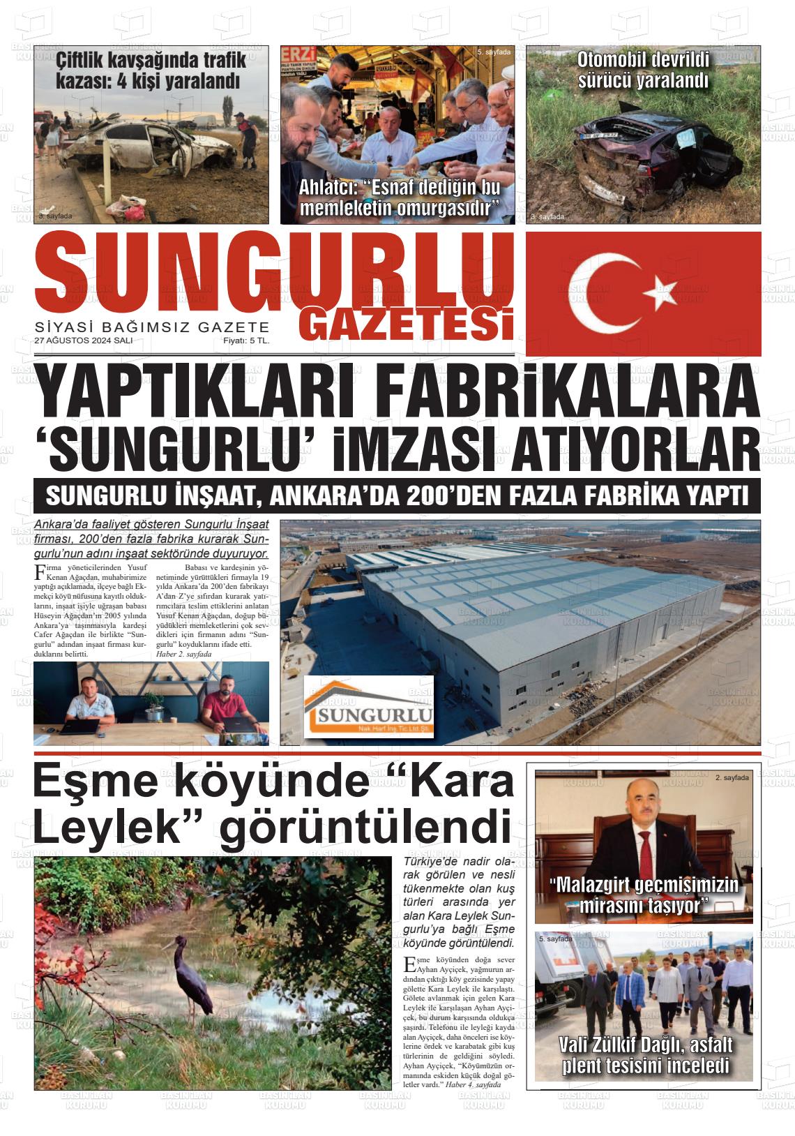 27 Ağustos 2024 Sungurlu Gazete Manşeti