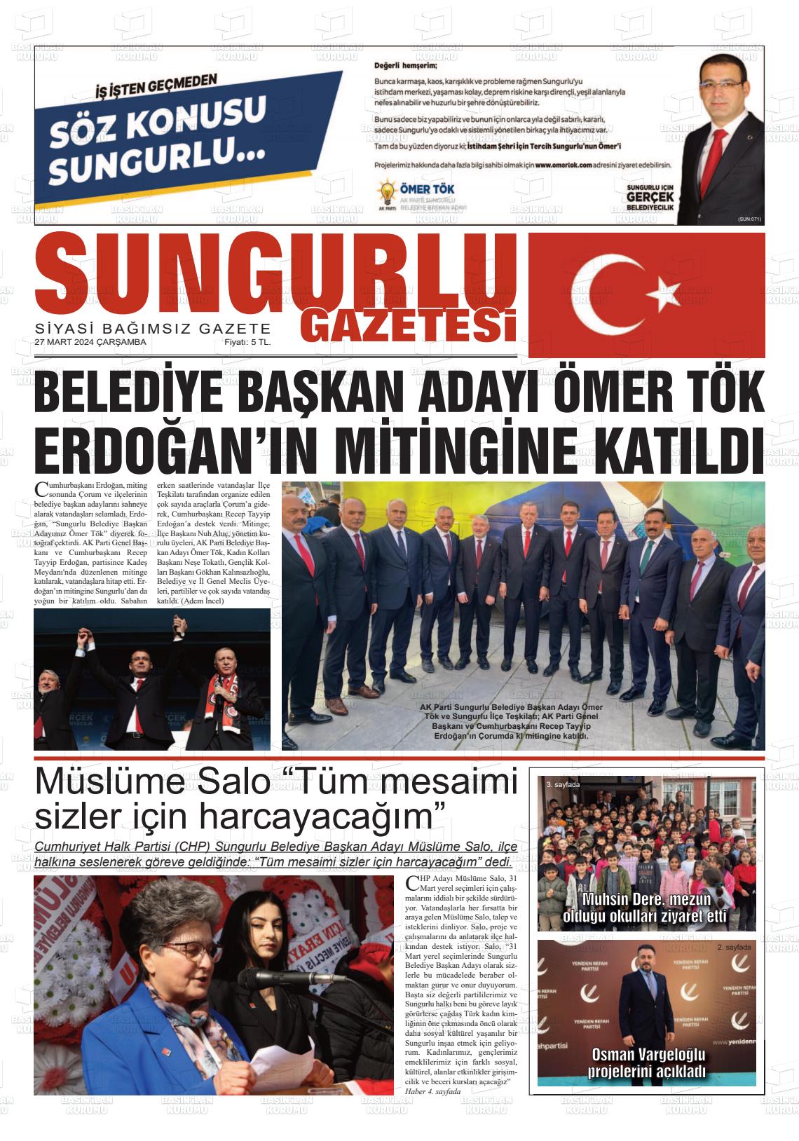 27 Mart 2024 Sungurlu Gazete Manşeti