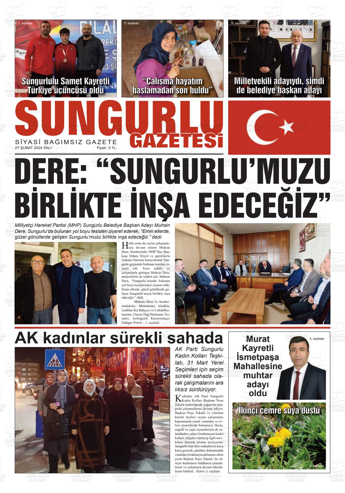 27 Şubat 2024 Sungurlu Gazete Manşeti