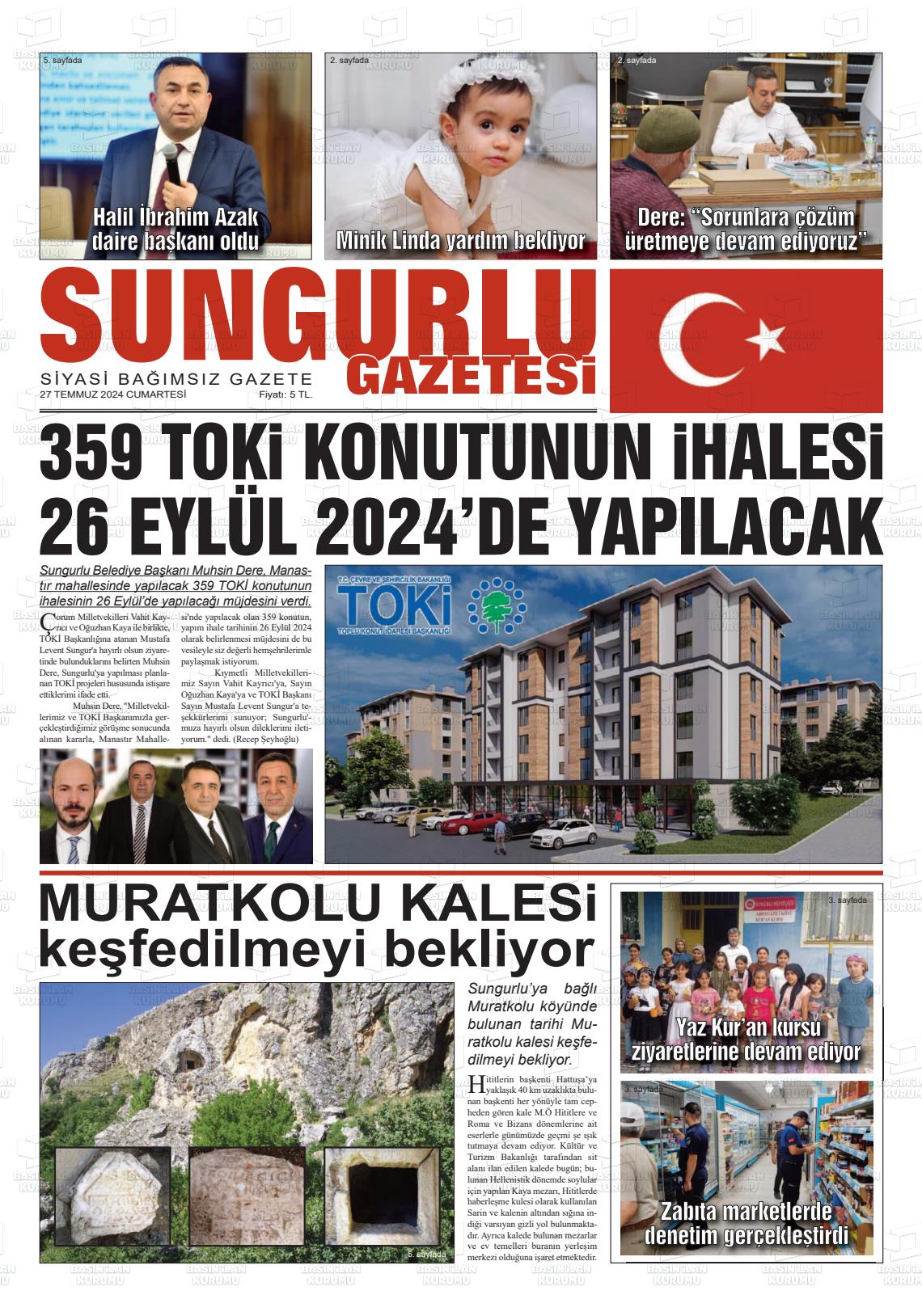 27 Temmuz 2024 Sungurlu Gazete Manşeti