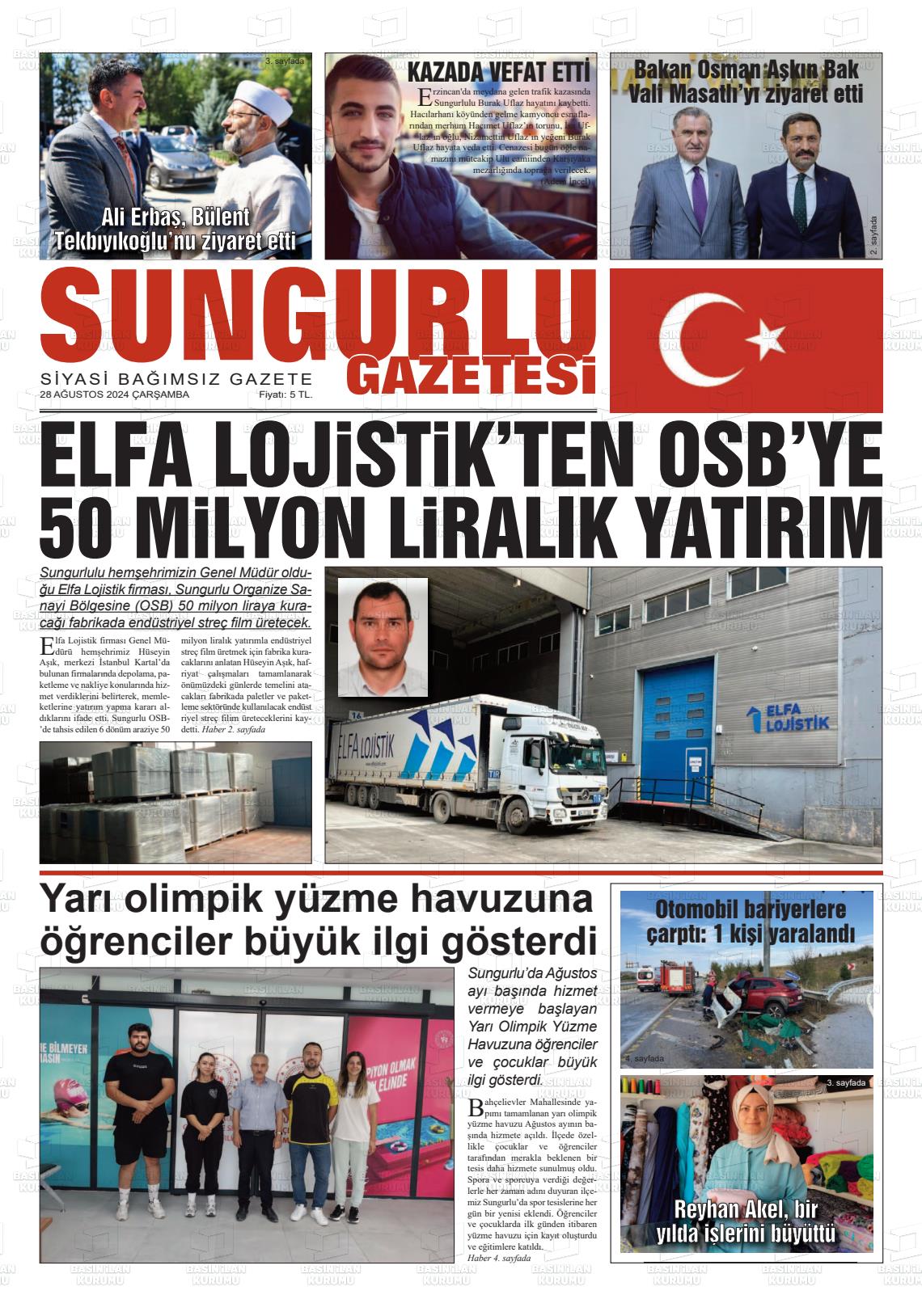 28 Ağustos 2024 Sungurlu Gazete Manşeti