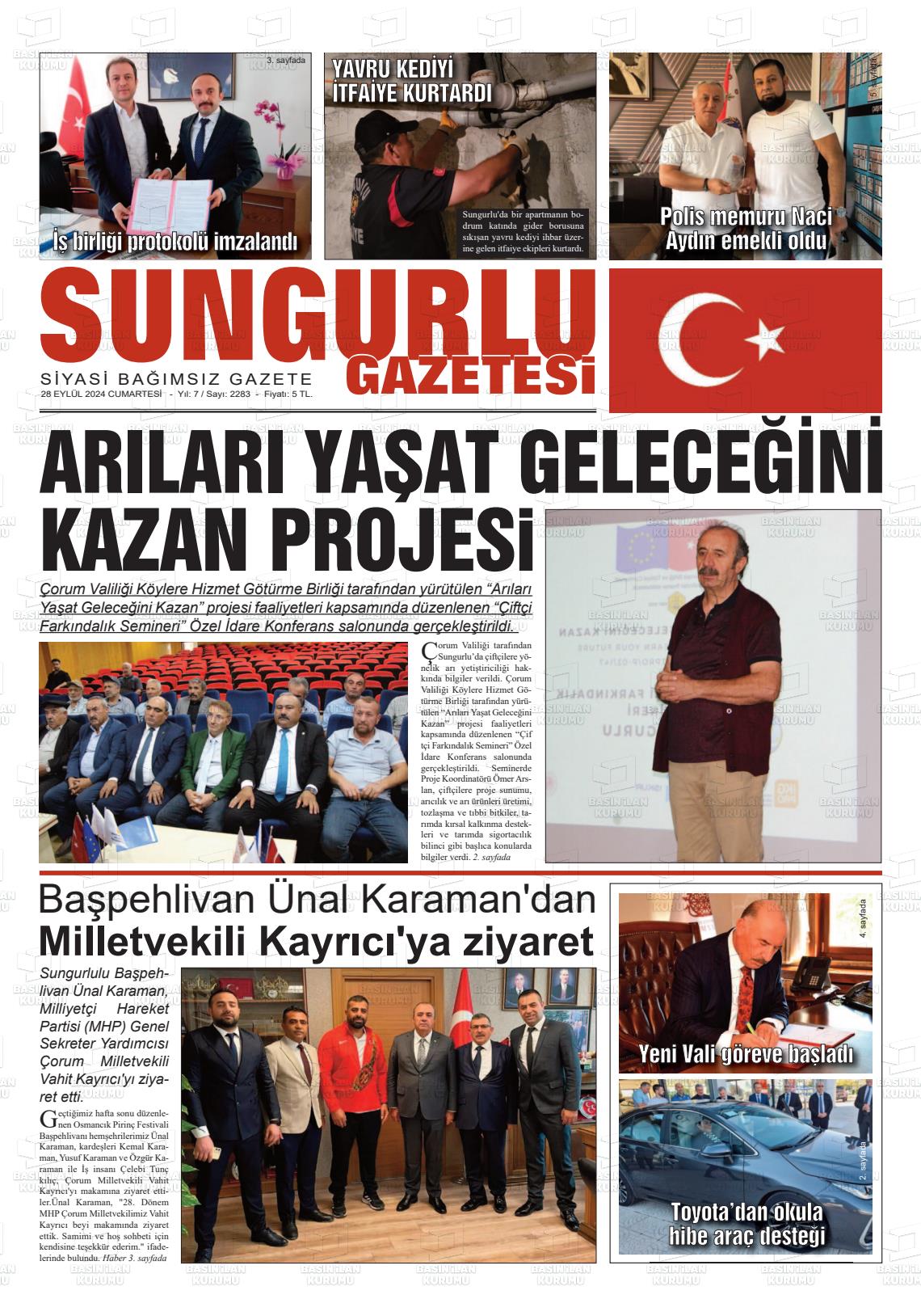 28 Eylül 2024 Sungurlu Gazete Manşeti