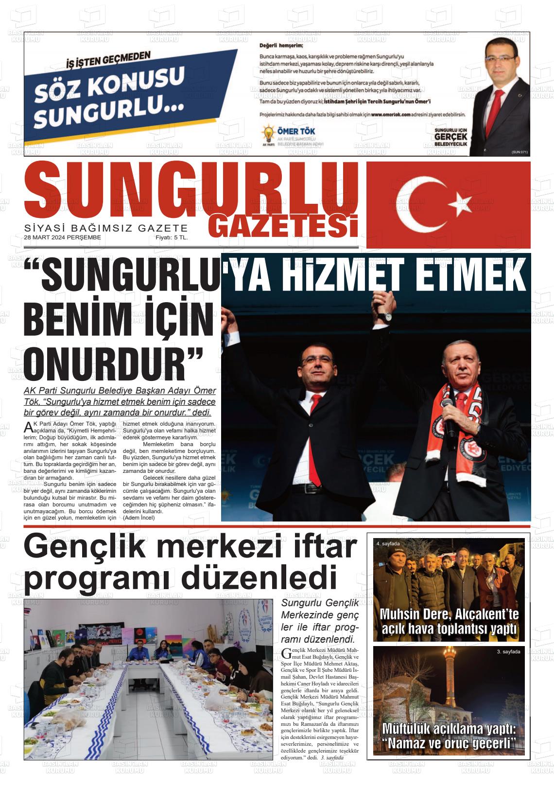 28 Mart 2024 Sungurlu Gazete Manşeti