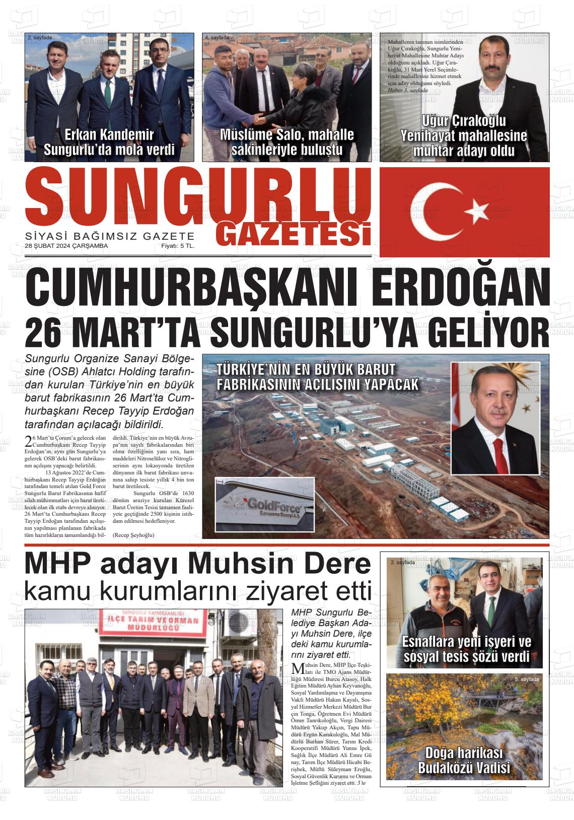 28 Şubat 2024 Sungurlu Gazete Manşeti