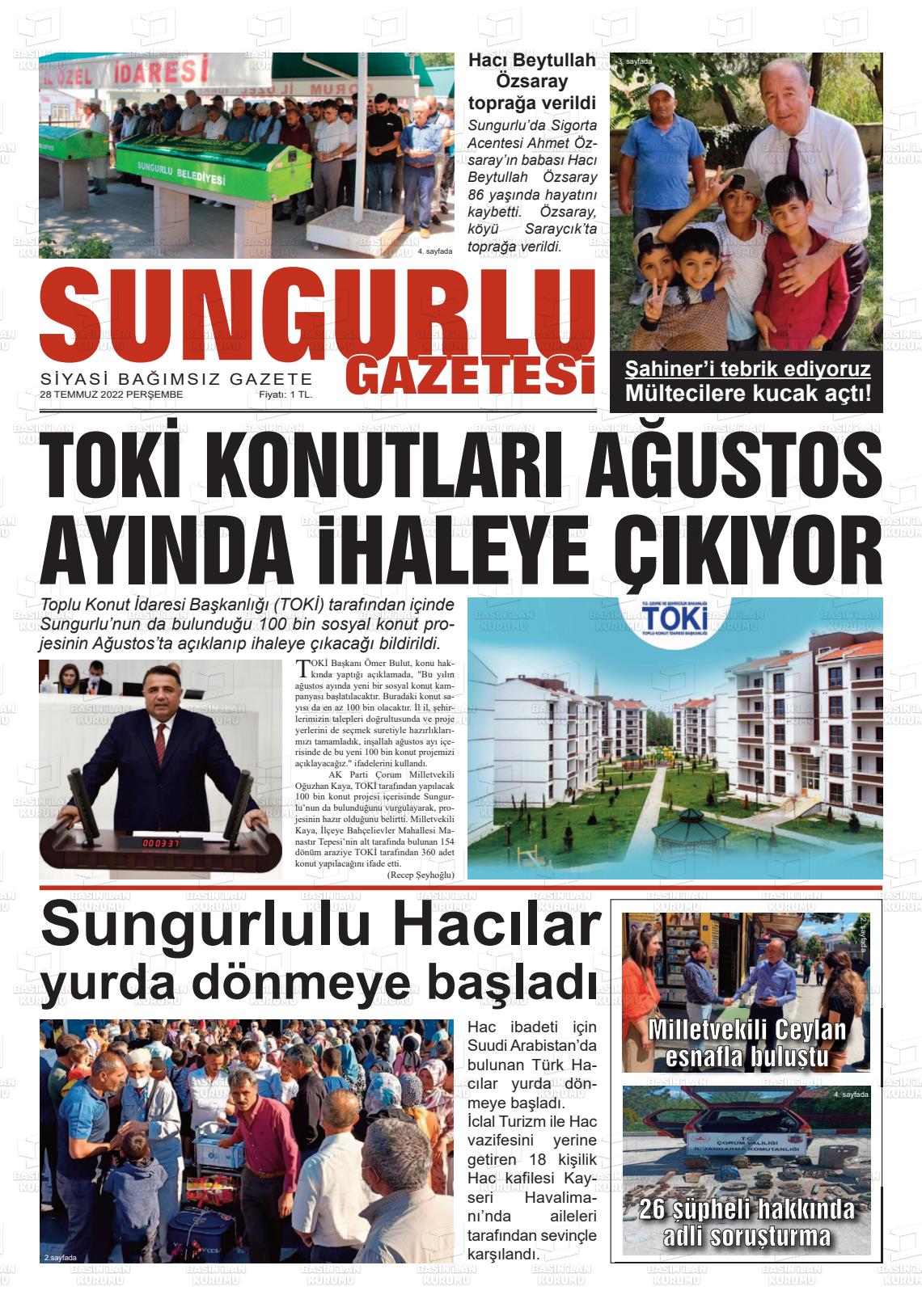 28 Temmuz 2022 Sungurlu Gazete Manşeti