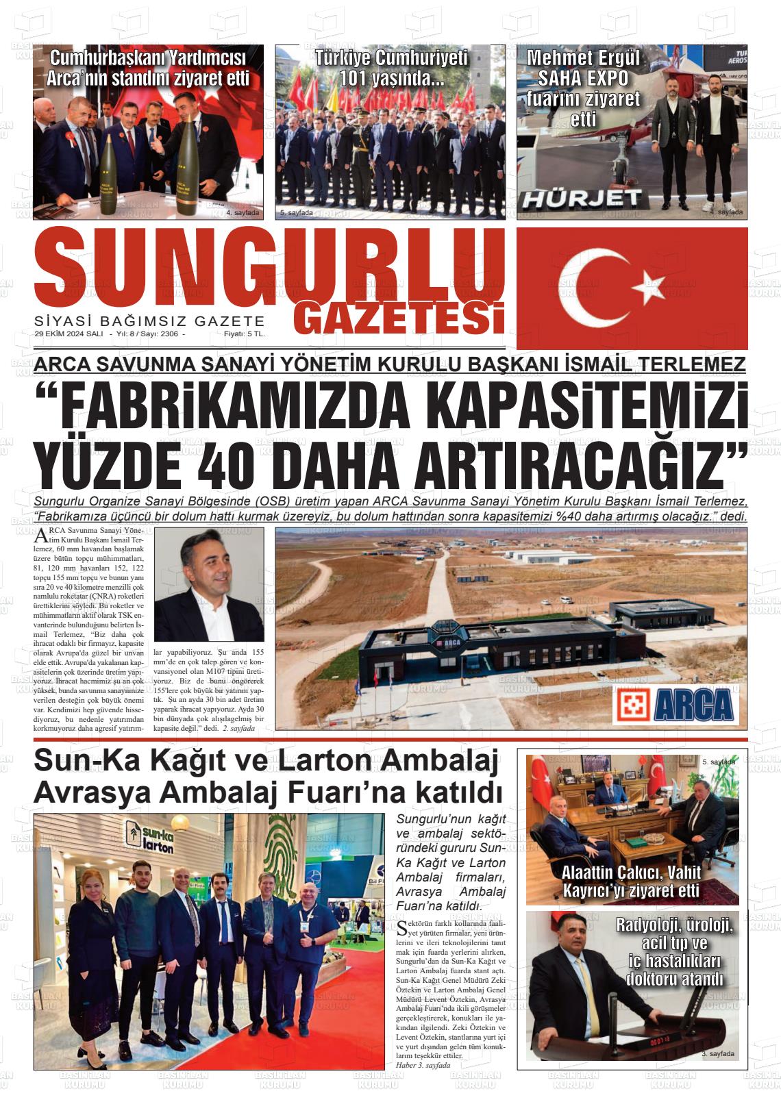 29 Ekim 2024 Sungurlu Gazete Manşeti