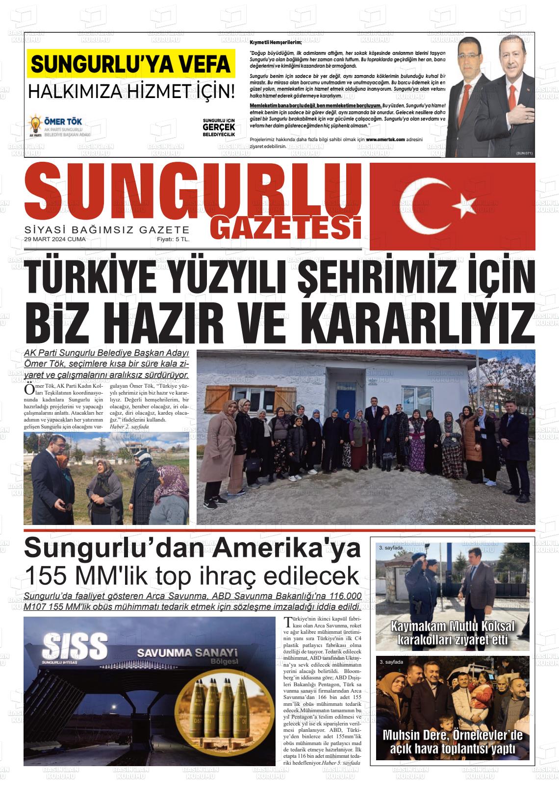 29 Mart 2024 Sungurlu Gazete Manşeti