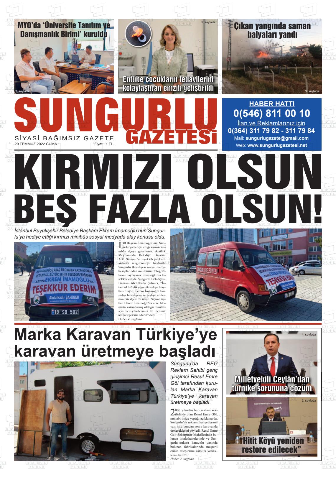 29 Temmuz 2022 Sungurlu Gazete Manşeti